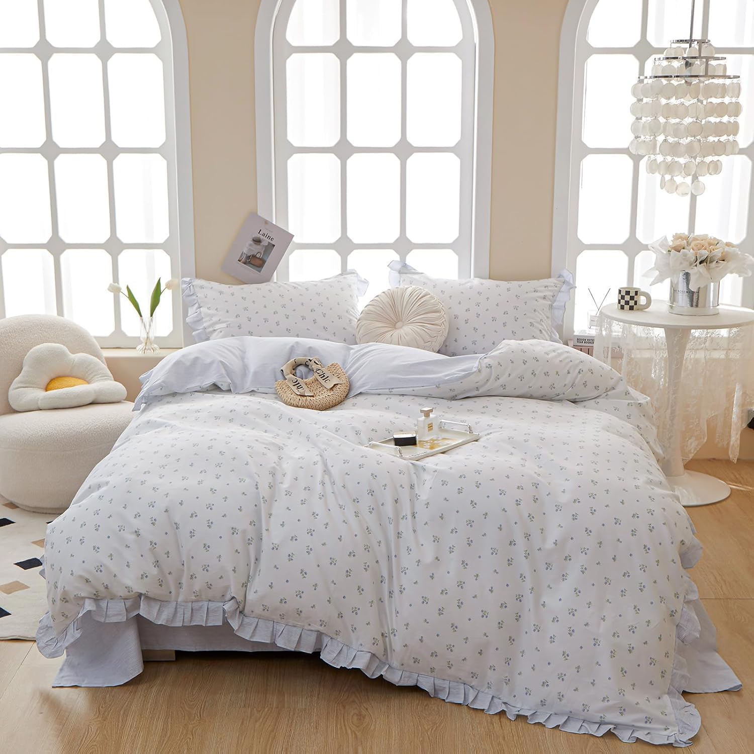 HighBuy Blue Flower Comforter Set Queen Romantic Girls Lace Comforter Fluffy Coquette Botanical Bedding Comforter Set Stripes 1 Lace Ruffled Comforter with 2 Pillowcases Lightweight All Season