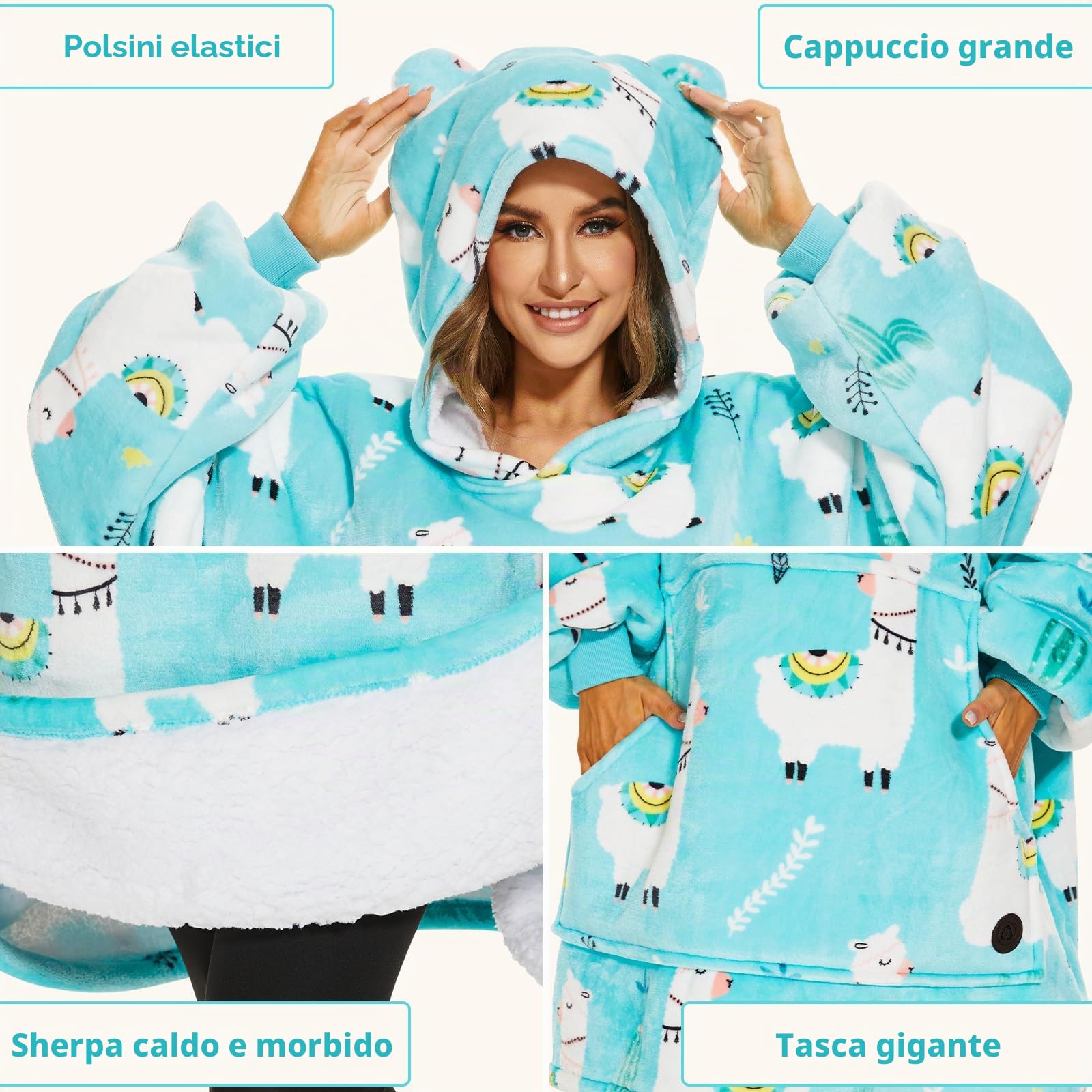THREE POODLE Felpa Coperta Oversize Donna, Pile Gigante con Maniche e Cappuccio