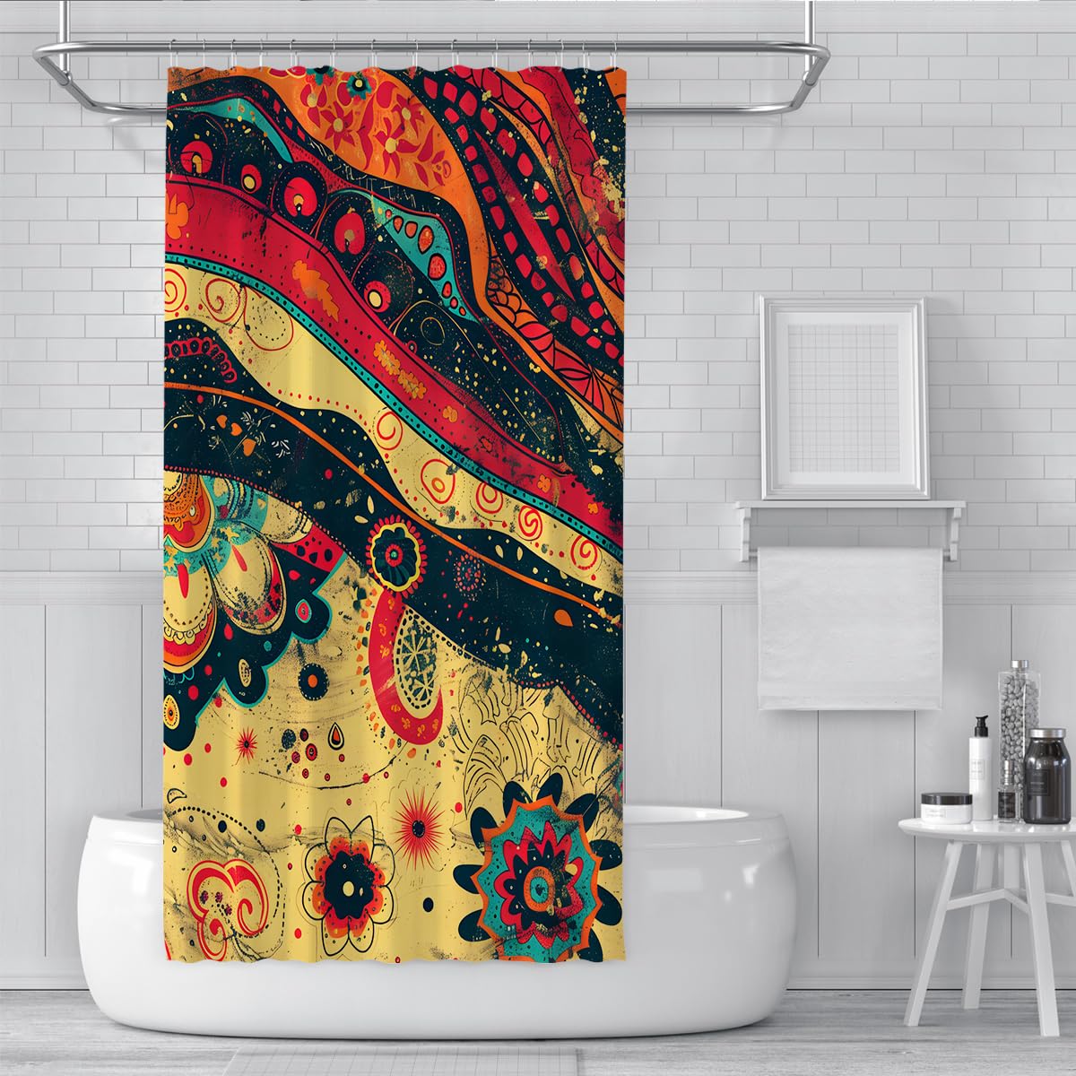 Żywy Retro Bohemian Odporny na pleśń Zasłony Łazienkowe W180xL200cm Wodoodporna Tkanina Poliestrowa Z Wielokolorowy Wzór Paisley Zmywalny Do Wanien W Mokrych Pomieszczeniach