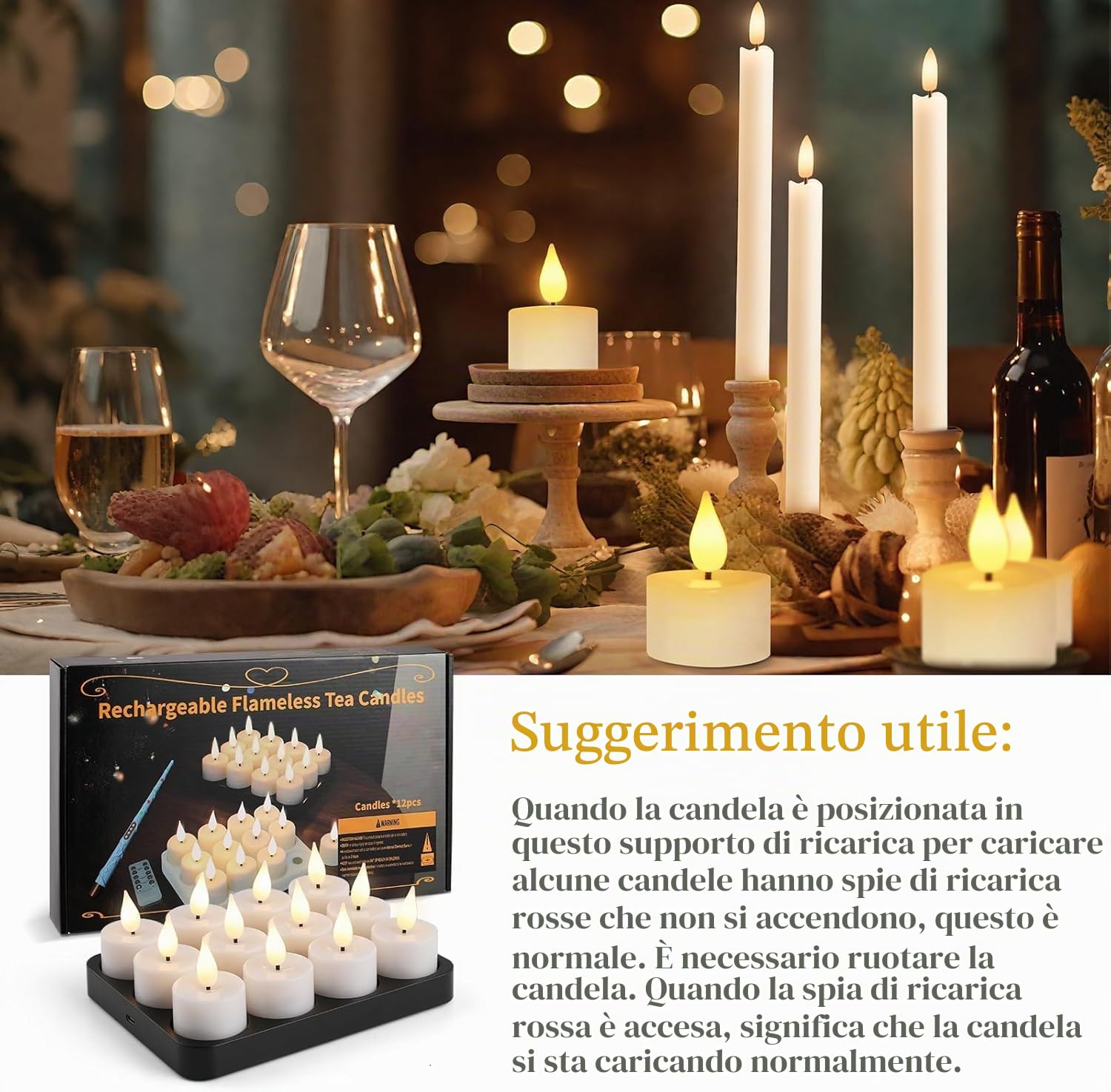 Candele ricaricabili Luce del tè, 12 pezzi candele a LED senza fiamma con Magia telecomando e timer, con base di ricarica per decorazione di Halloween Natale