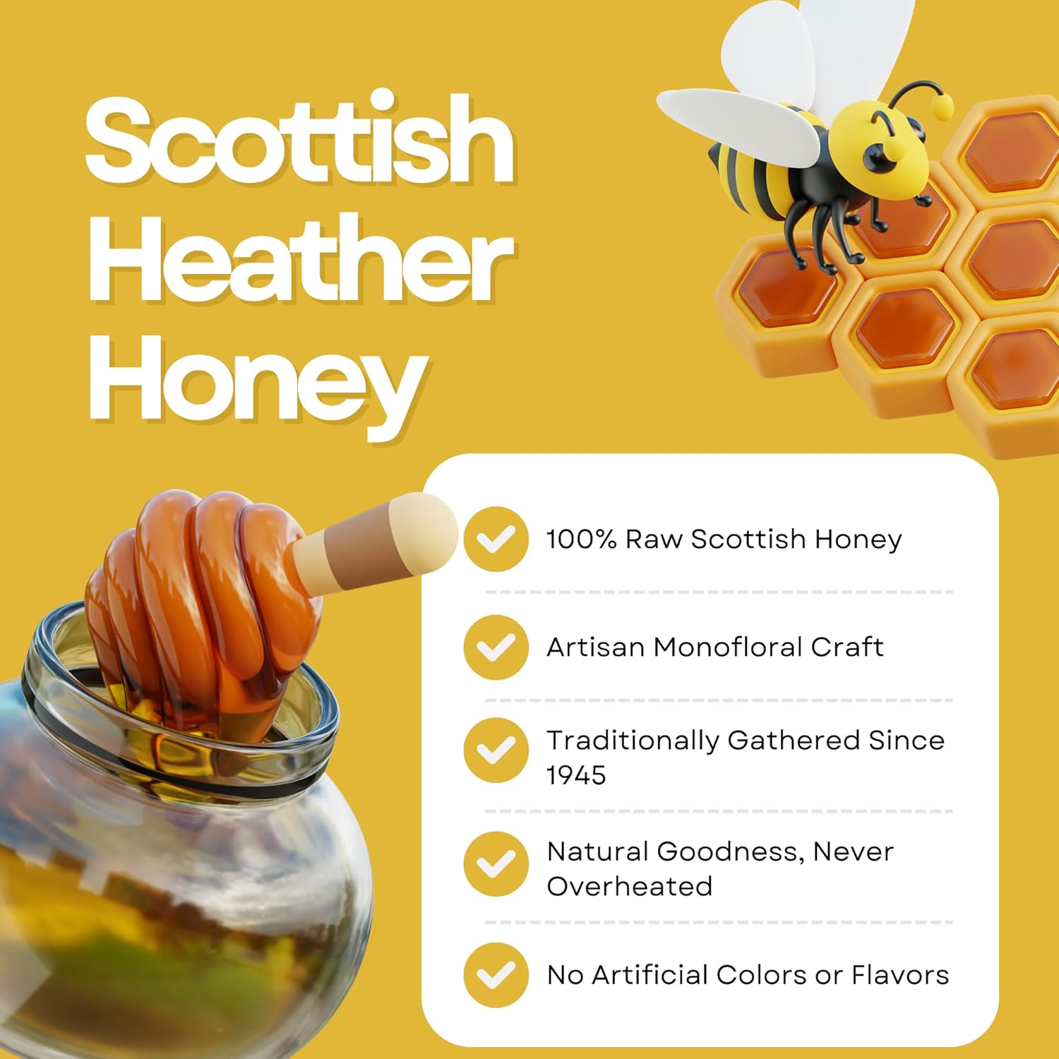 Heather Hills Farm Raw Scottish Heather Honey Jar 340g (12oz) - Highland Wild-flowering Purple Ling Heather Artisanal Pure Natural Honey, Traditional British Food Gift & Spread, Made in Scotland