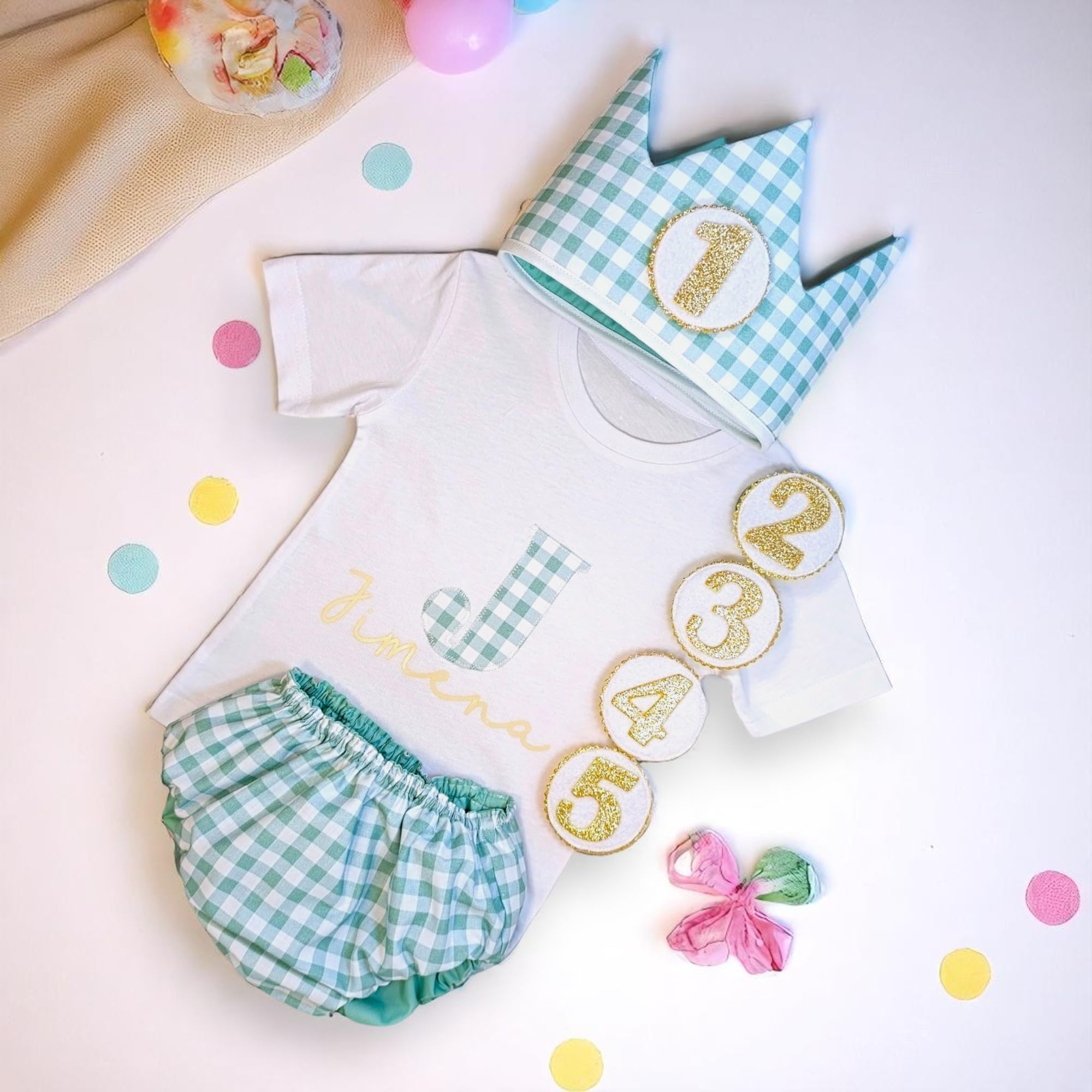 Conjunto Cumpleaños 1 año Personalizado - Camiseta con nombre Bebé - Regalo primer cumpleaños - Smash Cake - Corona cumpleaños (Vichy Rosa)