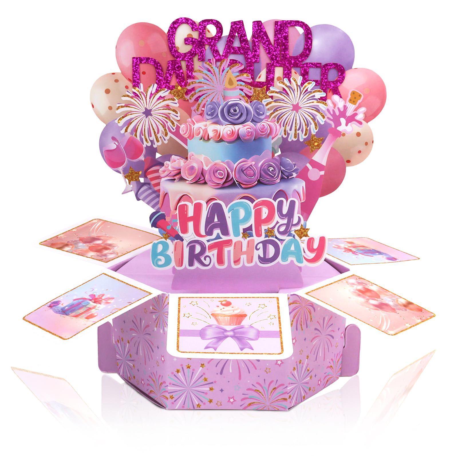 KIUEZIR Granddaughter Birthday Pop Up Card with 3D Colorful Fireworks, Balloons & Cake Design, Pop-Up Purple Greeting Card Box with Envelope for Women, Creative Decorations Birthday Celebration — image 1