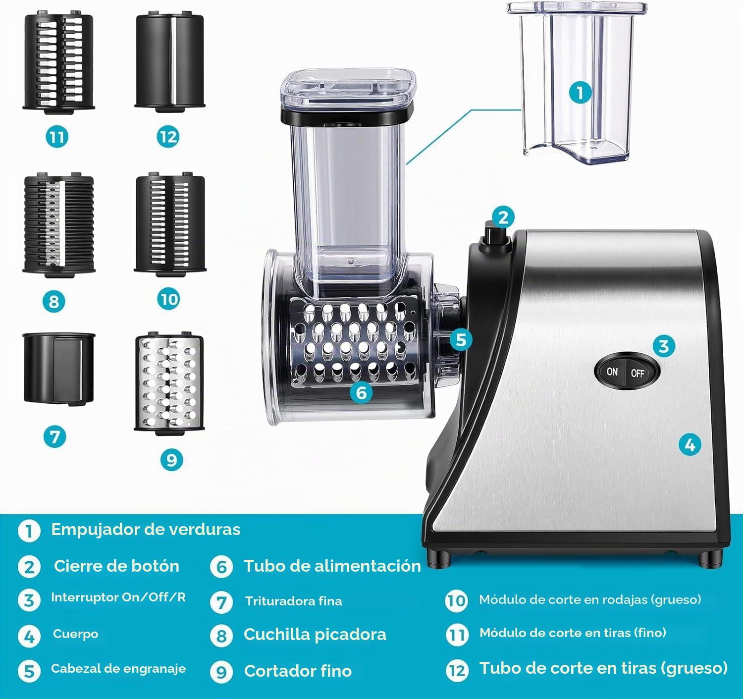 Nictemaw Cortador de verduras eléctrico, multifuncional, 5 en 1, 250 W, acero inoxidable, gran calibre, rallador de queso con 5 cuchillas para diferentes verduras | Rallador multifunción con 5 cuchillas intercambiables. Ideal para queso, verduras y uso di