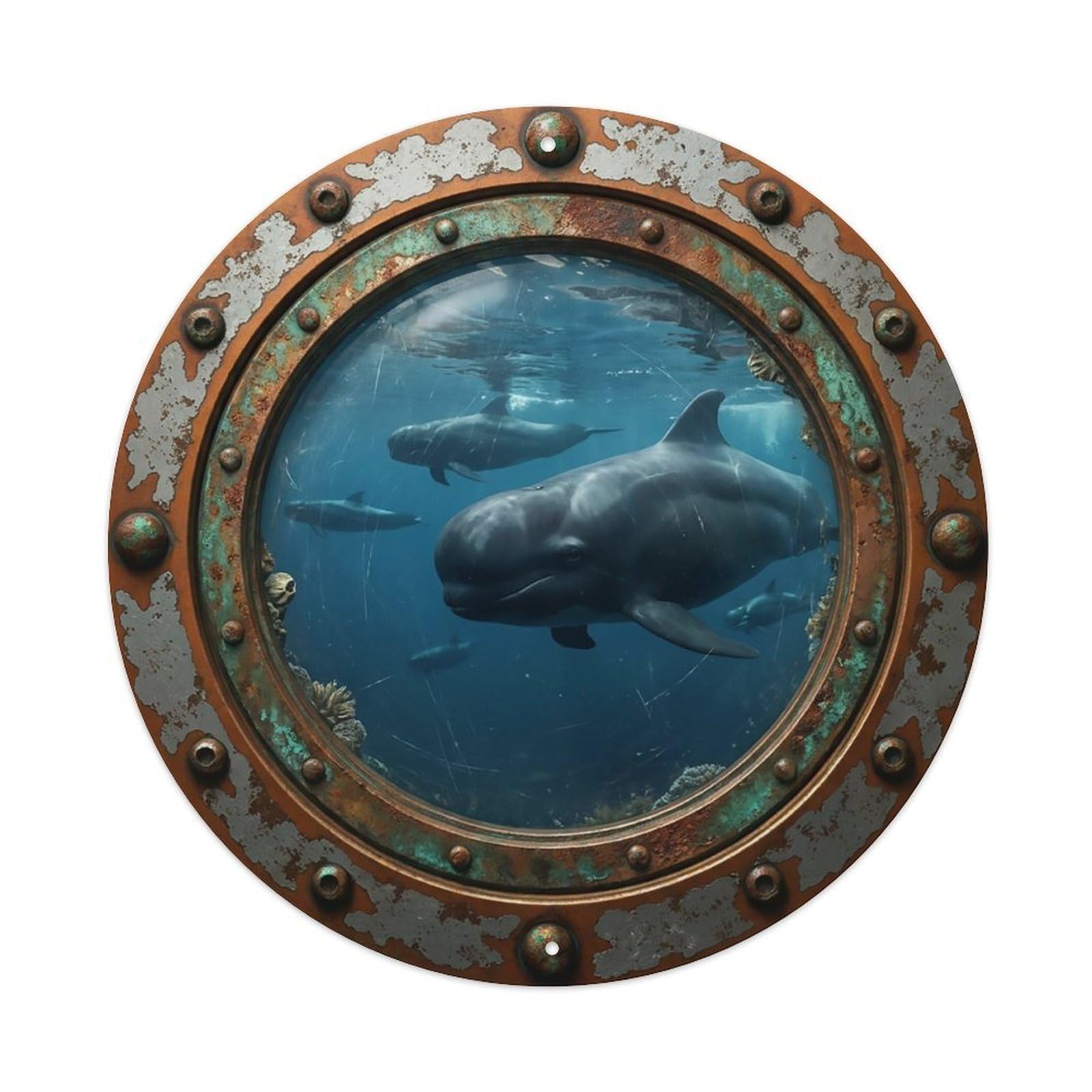 Odgynaw 8X8inch(20X20cm) Vintage Porthole Pilot Whale Nautical Window View Metal Tin Sign