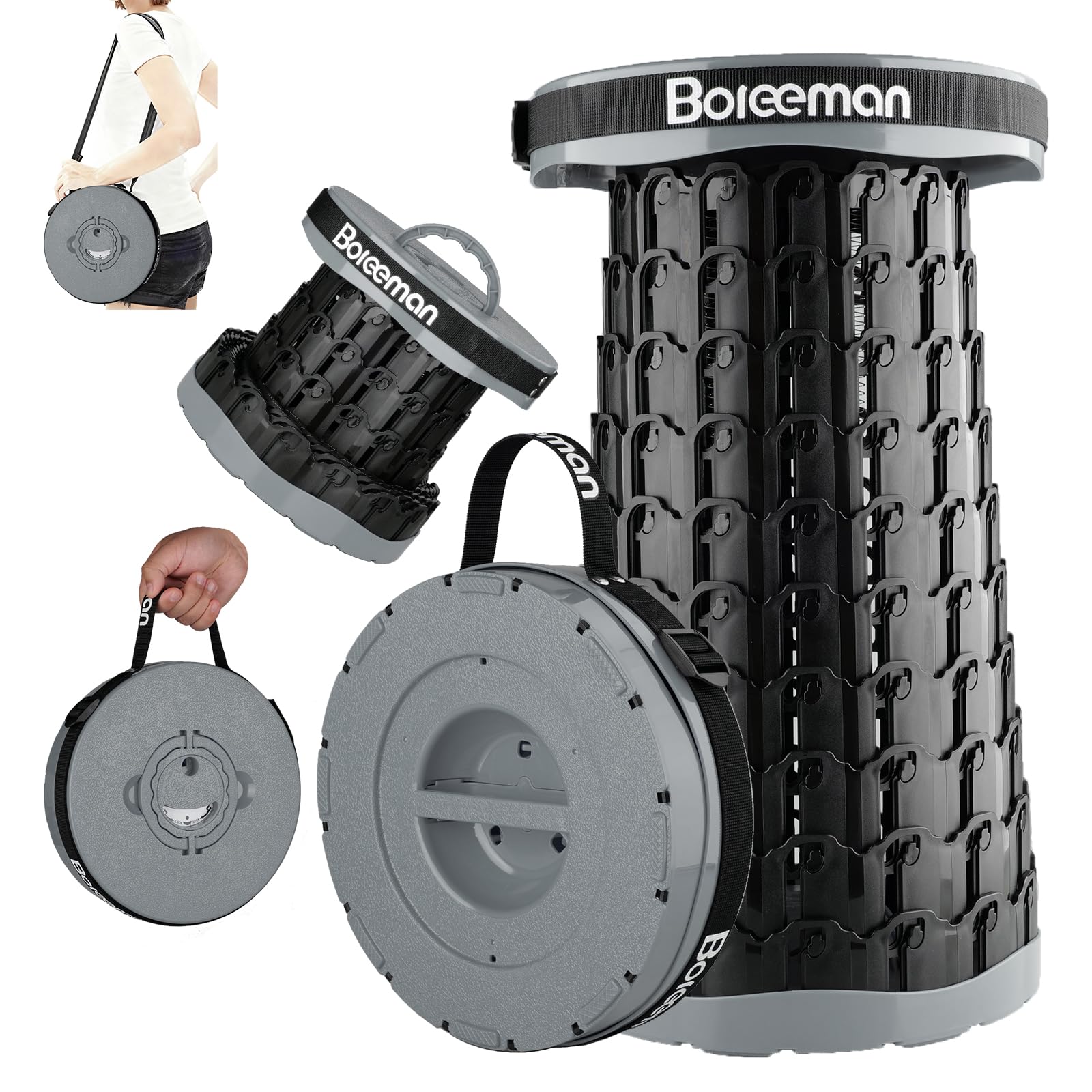 Boreeman 2026 Upgraded Collapsible Stool Lightweight Yet Sturdy with Load Capacity 800lbs Portable Folding Stool for Camping Fishing Hiking BBQ (Grey)