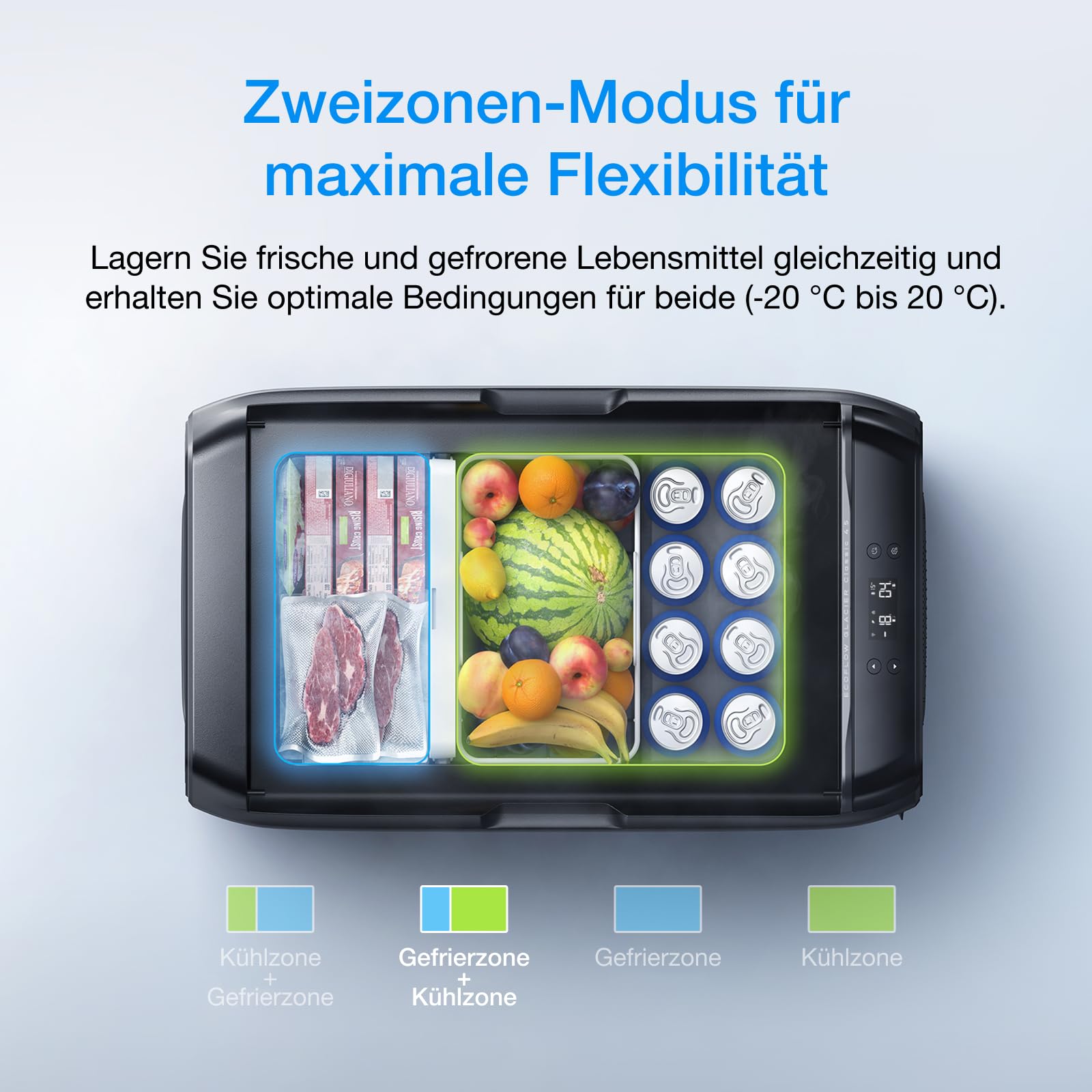 ECOFLOW GLACIER Classic Tragbare Kühlbox 45L mit 298 Wh Zusatzakku, Zweizonen-Autokühlbox, 39 Stunden netzunabhängige Kühlung, Stromversorgung über Netz/Solar/Auto
