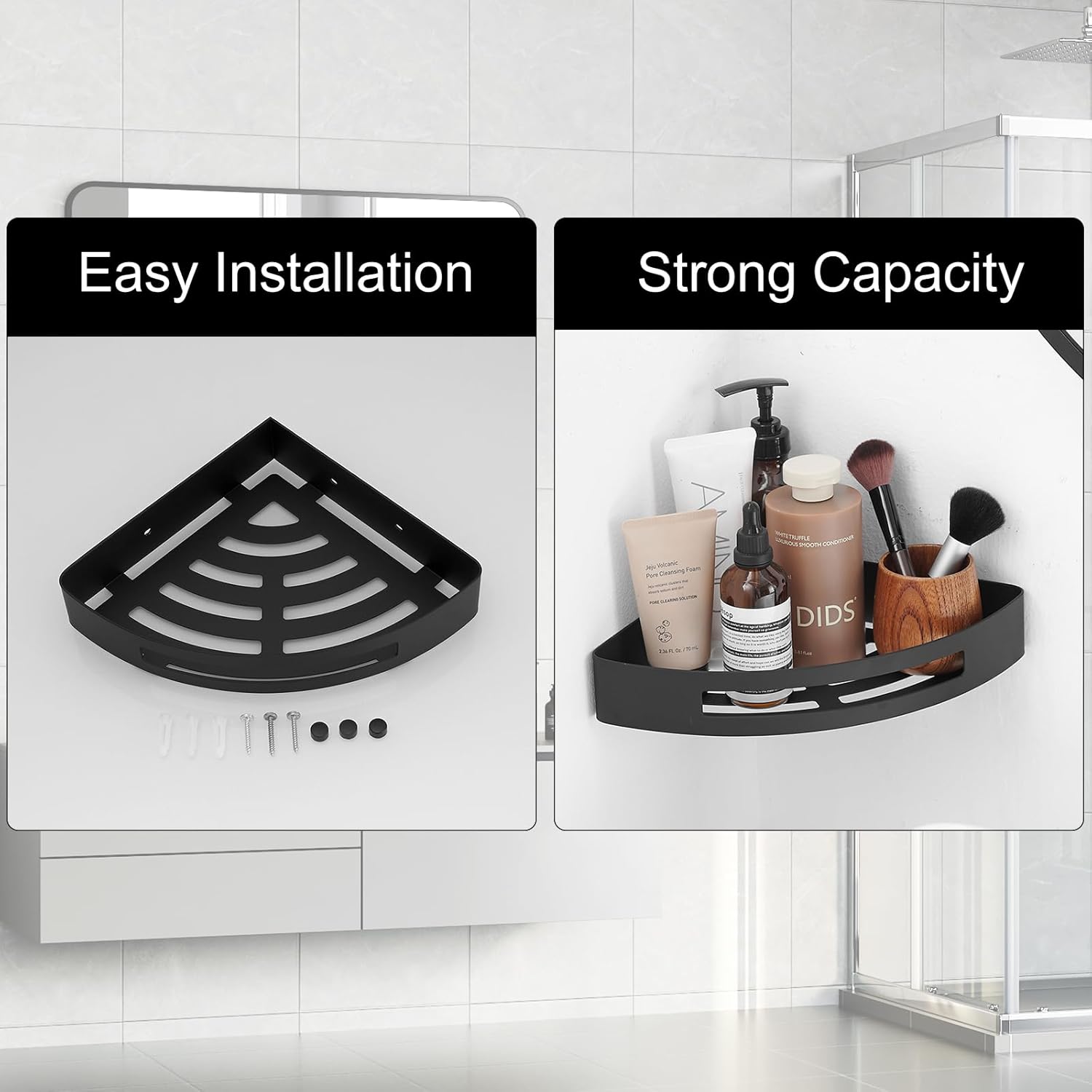 BWE Rainfall Waterfall Shower Panel Tower System Stainless Steel Bathroom Shower Panel with 5 Massage Body Jets Sprays Bundle with Corner Shower Shelf(1 Pack),Rustproof Stainless Steel Shower Caddy