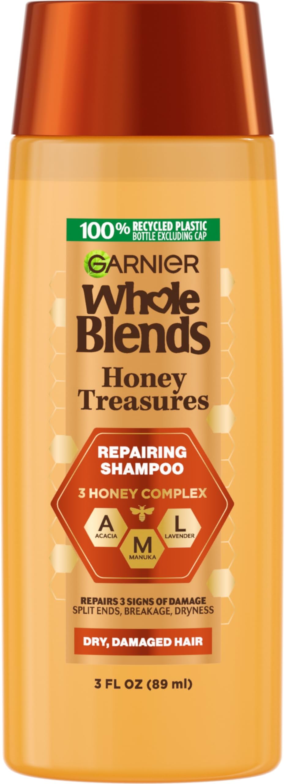 Garnier Whole Blends Honey Treasures Repairing Shampoo, for Dry, Damaged Hair, 3 Fl Oz (Travel Size), 1 Count (Packaging May Vary)