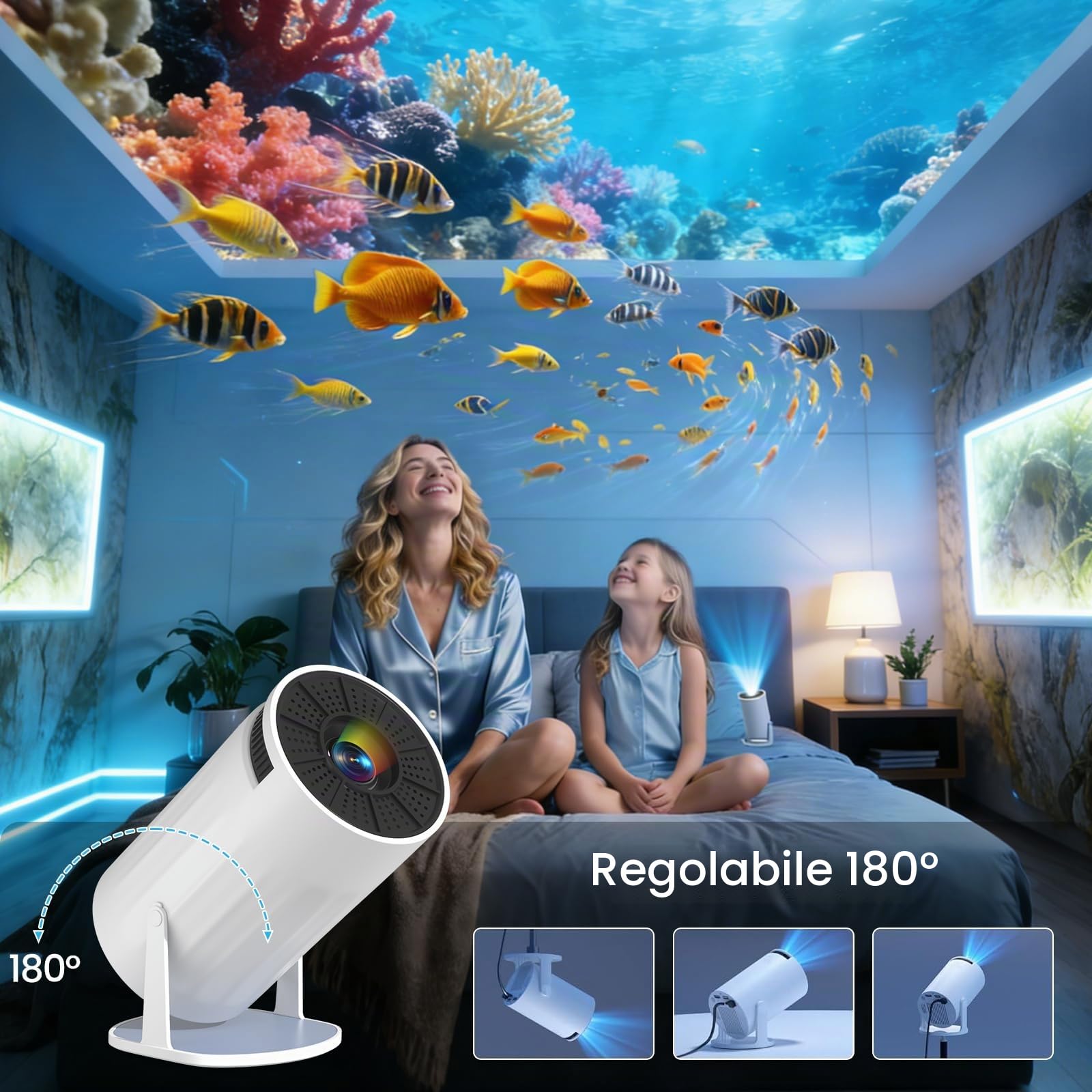 Mini Proiettore Portatile,Proiettore Portatile Full HD con 4K WiFi 6 BT5.4,Ruotabile 180°,Home Theater Videoproiettore da soffitto hd per Telefono/PC/HDMI/TV Stick/Memory Stick[App Integrata]
