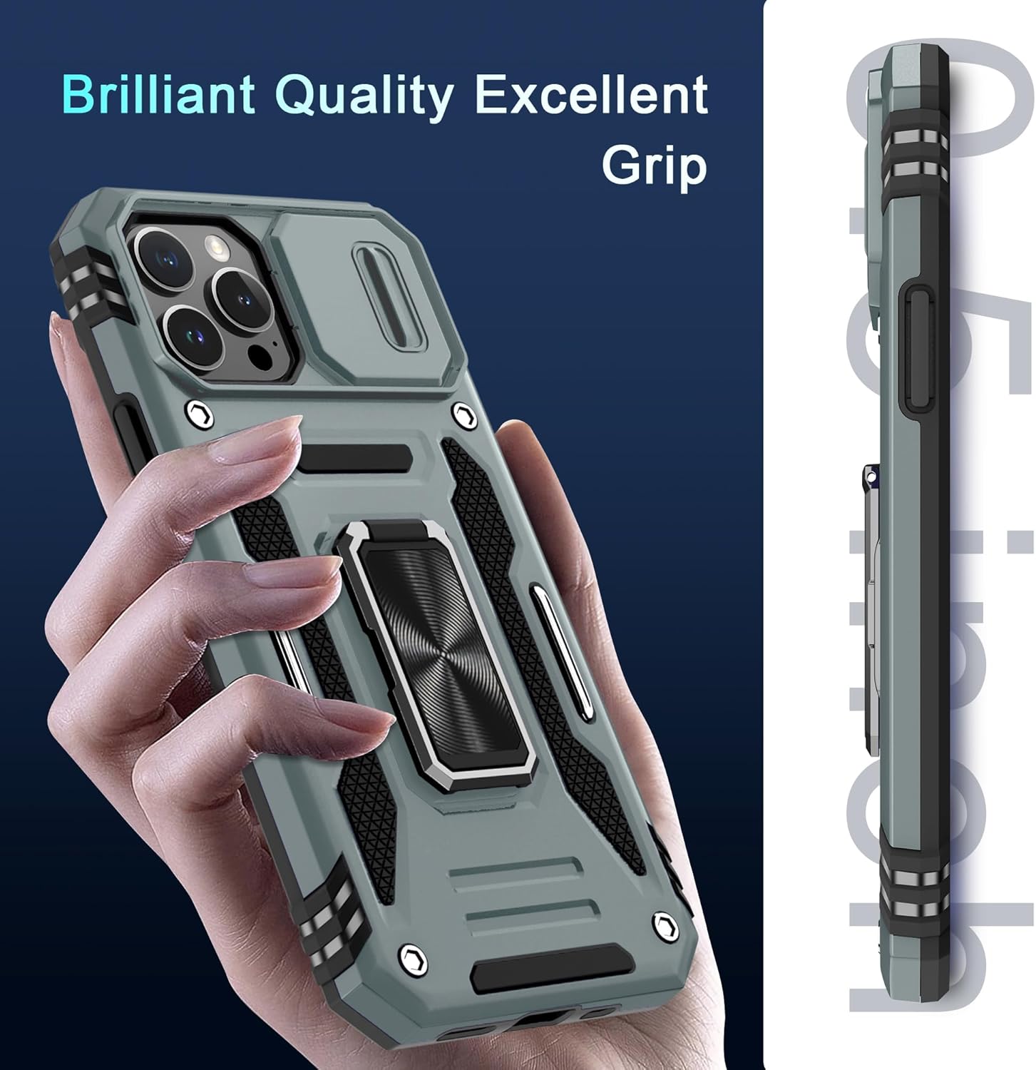 DEERLAMN Case for iPhone 12 Pro Max with Slide Camera Cover+Screen Protector(1 Pack),Rotated Ring Kickstand Military Grade Shockproof Protective Cover 6.7 Inch-Grey - Image 7