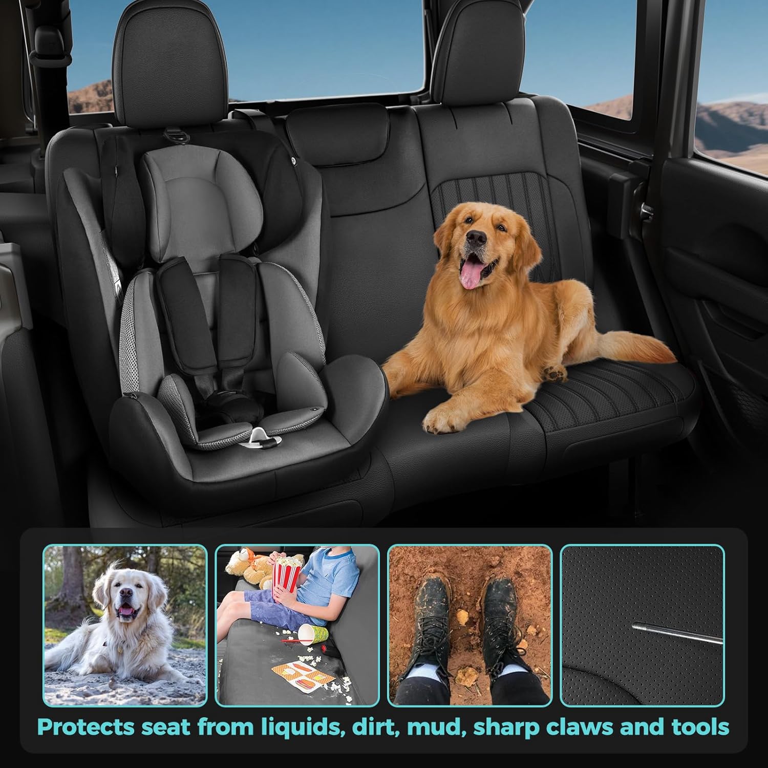 for Jeep Wrangler Seat Covers 4 Door JL 2026 2025 2024 2023 2022 2021 2020 2019 2018 Custom Seat Cover Full Set Faux Leather Without Rear Cup Holder - Black