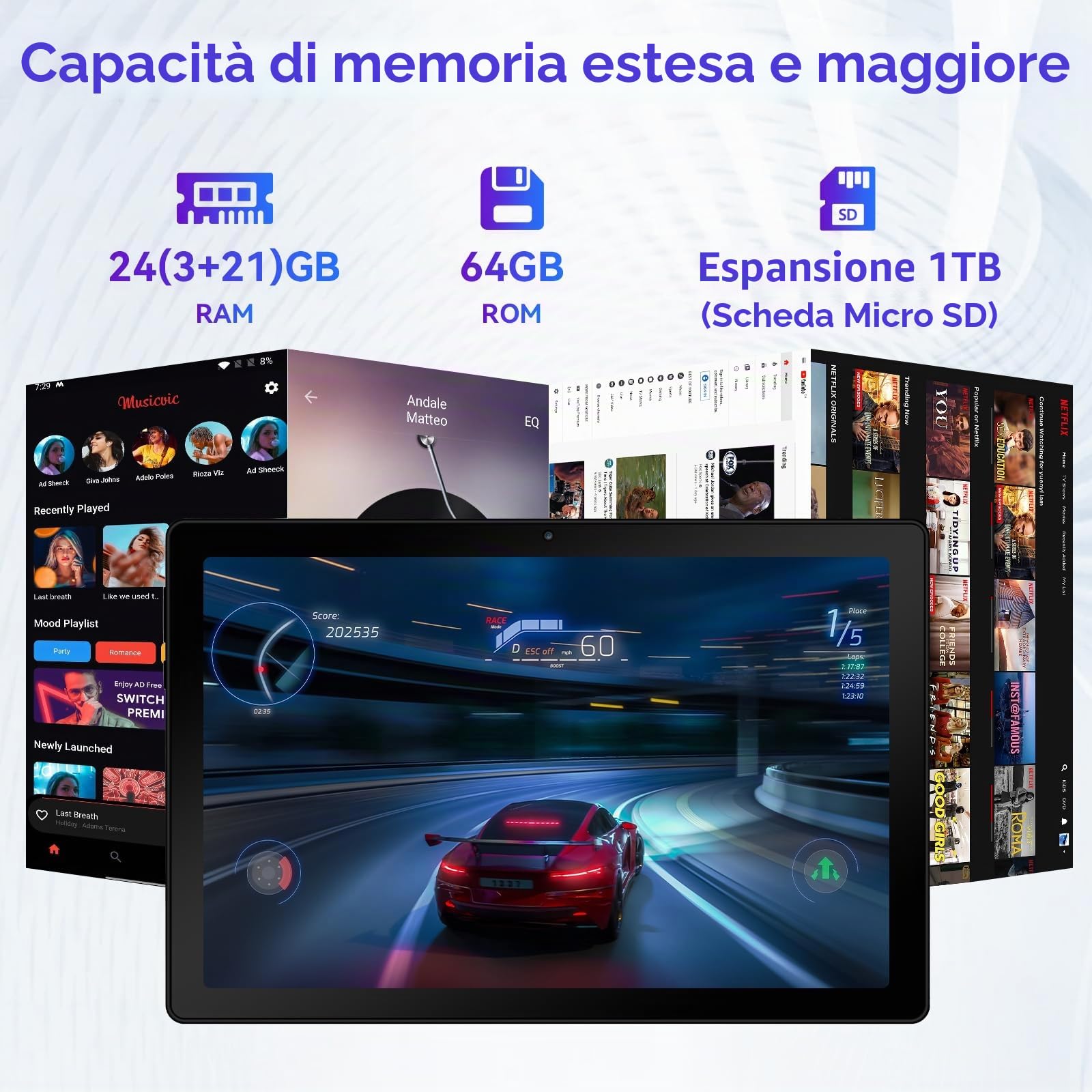 Tablet Android 16, tablet da 10,1 pollici, 24 GB di RAM + 64 GB di ROM + 1 TB espandibile, tablet Android con Bluetooth 5.3, Wi-Fi 6, doppia fotocamera, 6000 mAh, Face ID, Widevine L1 (nero)