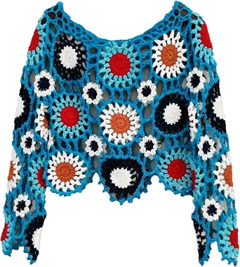 Bohemian Women Plus Crochet Sweater Long Sleeve Boho Floral Blouses Tops Multicolor Clothing