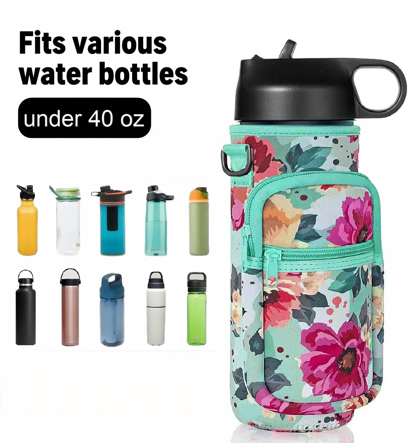 Wasserflaschenhalter mit Gurt, isolierte Wasserflaschen-Tragetasche mit Handyfach für Spaziergänge, Wandern, Camping, Angeln (8,9 cm B x 22,9 cm H) (Blumengrün)