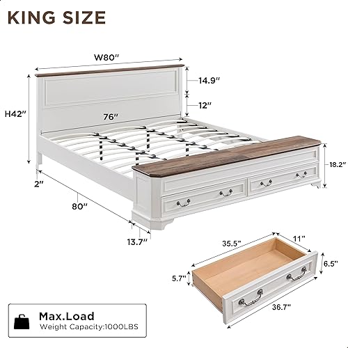 Miniatura 2 de T4TREAM Cama King de granja con cabecera y banco de almacenamiento, cama de plataforma de madera rústica con baúl de almacenamiento de 80 pulgadas