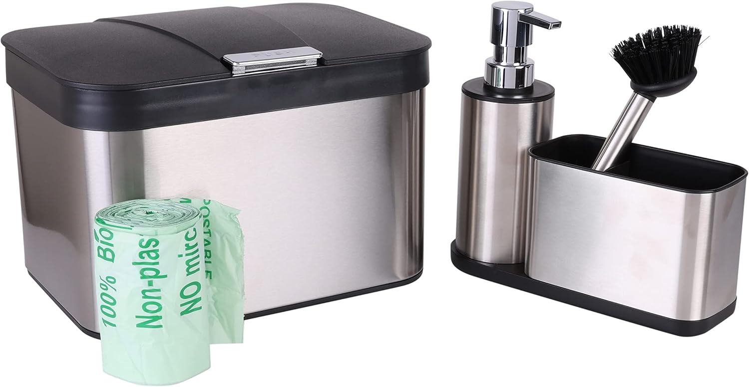 Organize It All Stainless Steel Kitchen Compost Bin Set with Biodegradable Bags, Sink Organizer & Scrub Brush