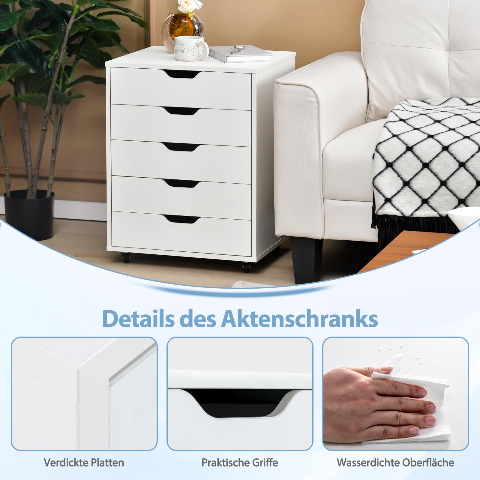GOPLUS Rollcontainer mit Schubladen, Schubladenschrank mit Rollen, Griffmulden, mobiler Aktenschrank, Bürocontainer Rollschrank für Schlafzimmer Arbeitszimmer & Büro, 48 x 39,5 x 65,5 cm (Weiß)