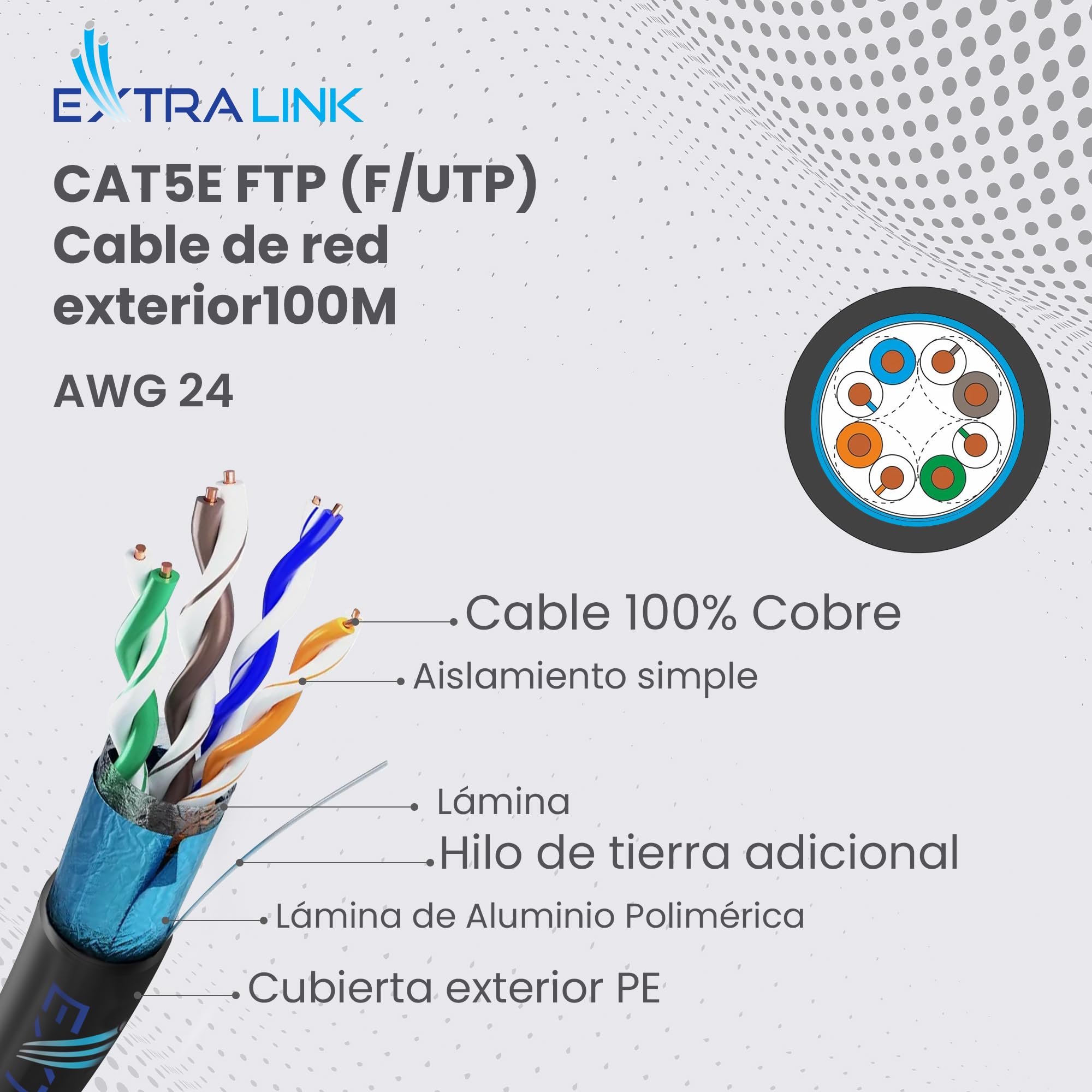 EXTRALINK Cable Ethernet 100M CAT5e para exteriores, Cable Red LAN– 100% cobre, F/UTP apantallado, compatible con PoE, UV resistente, con funda exterior de PE duradera y resistente a la intemperie