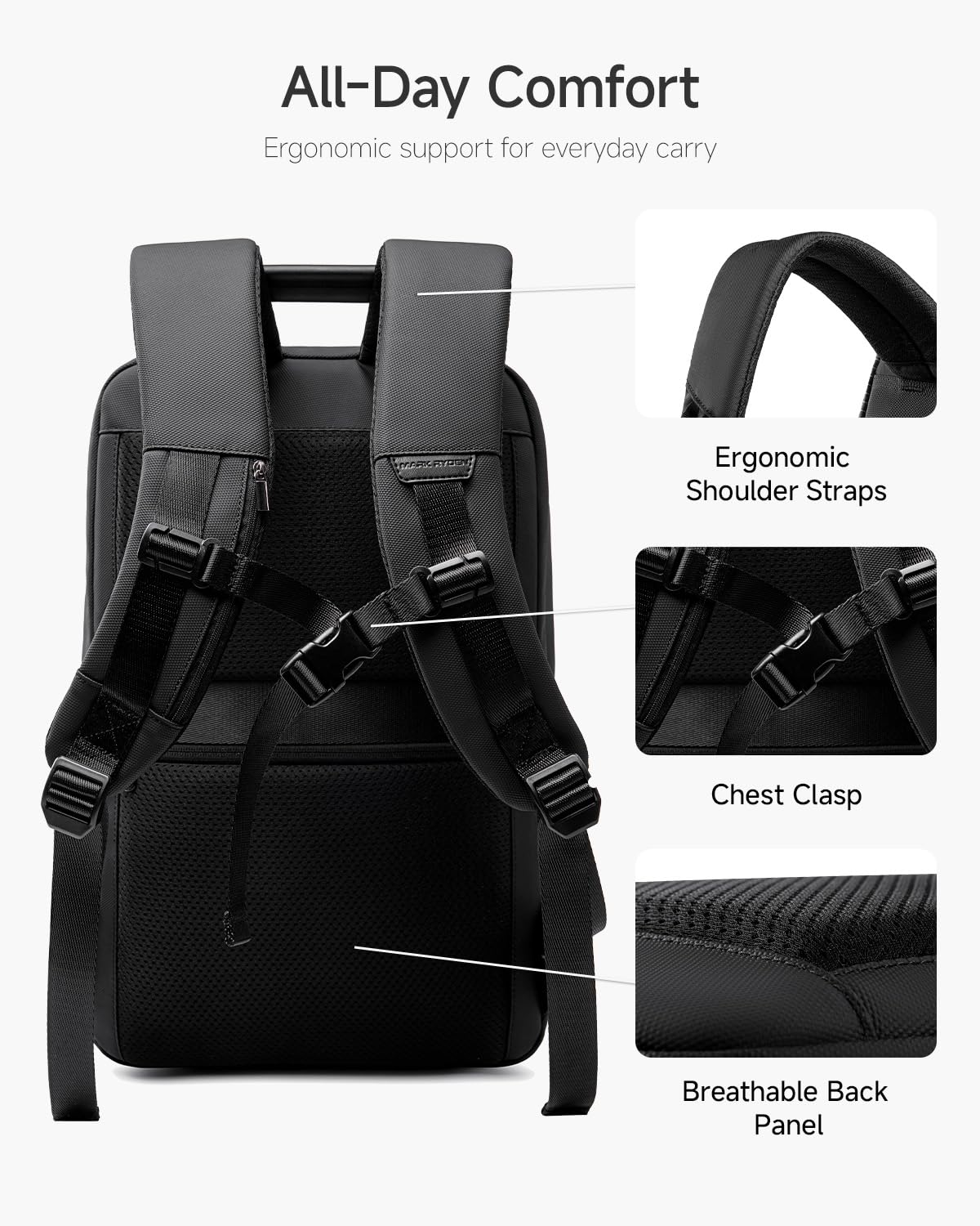 MARK RYDEN - Zaino da uomo, in pelle, impermeabile, 17 l | Zaino da uomo per laptop da 15,6 pollici, con manico in alluminio, ideale per viaggi d'affari e visite ai clienti