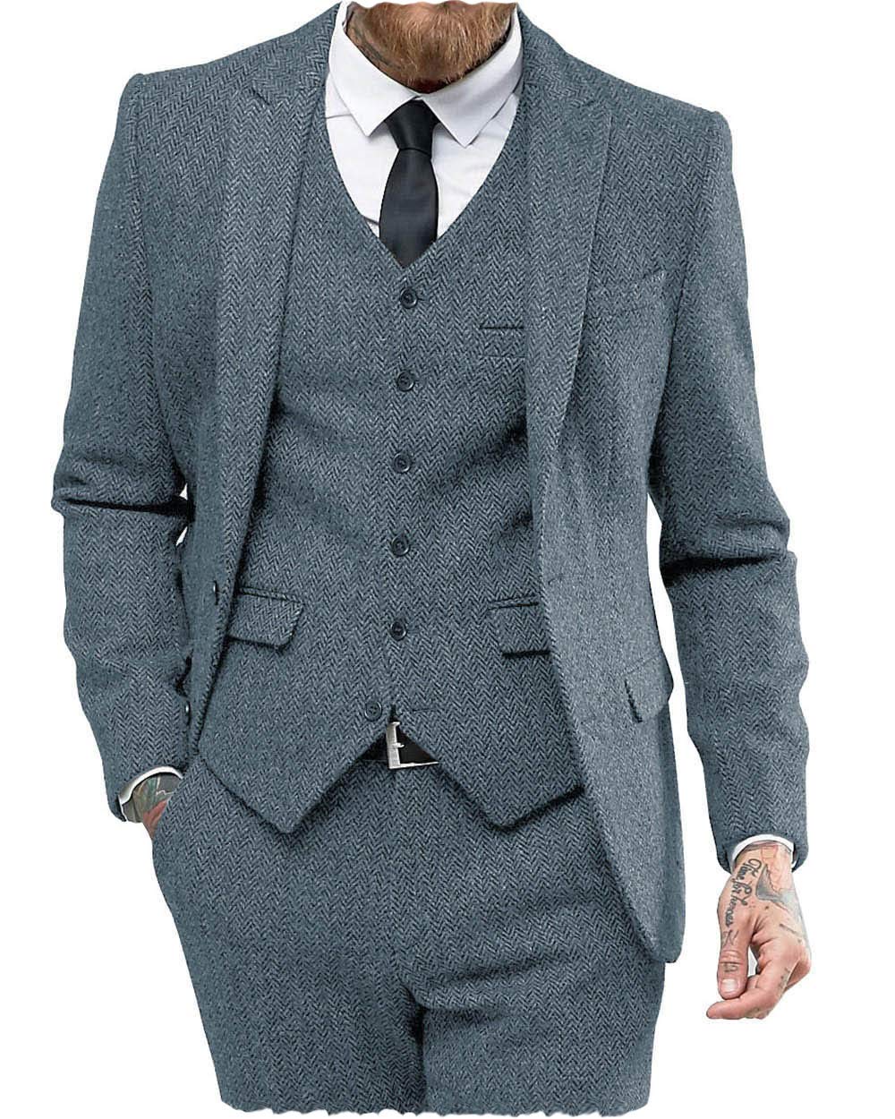 Classic Abiti Da Uomo Vestibilità Regolare 3 Pezzi Lana Tweed Spina Di Pesce Affari Smoking Sposi Sposi Blazer+Gilet Pantaloni