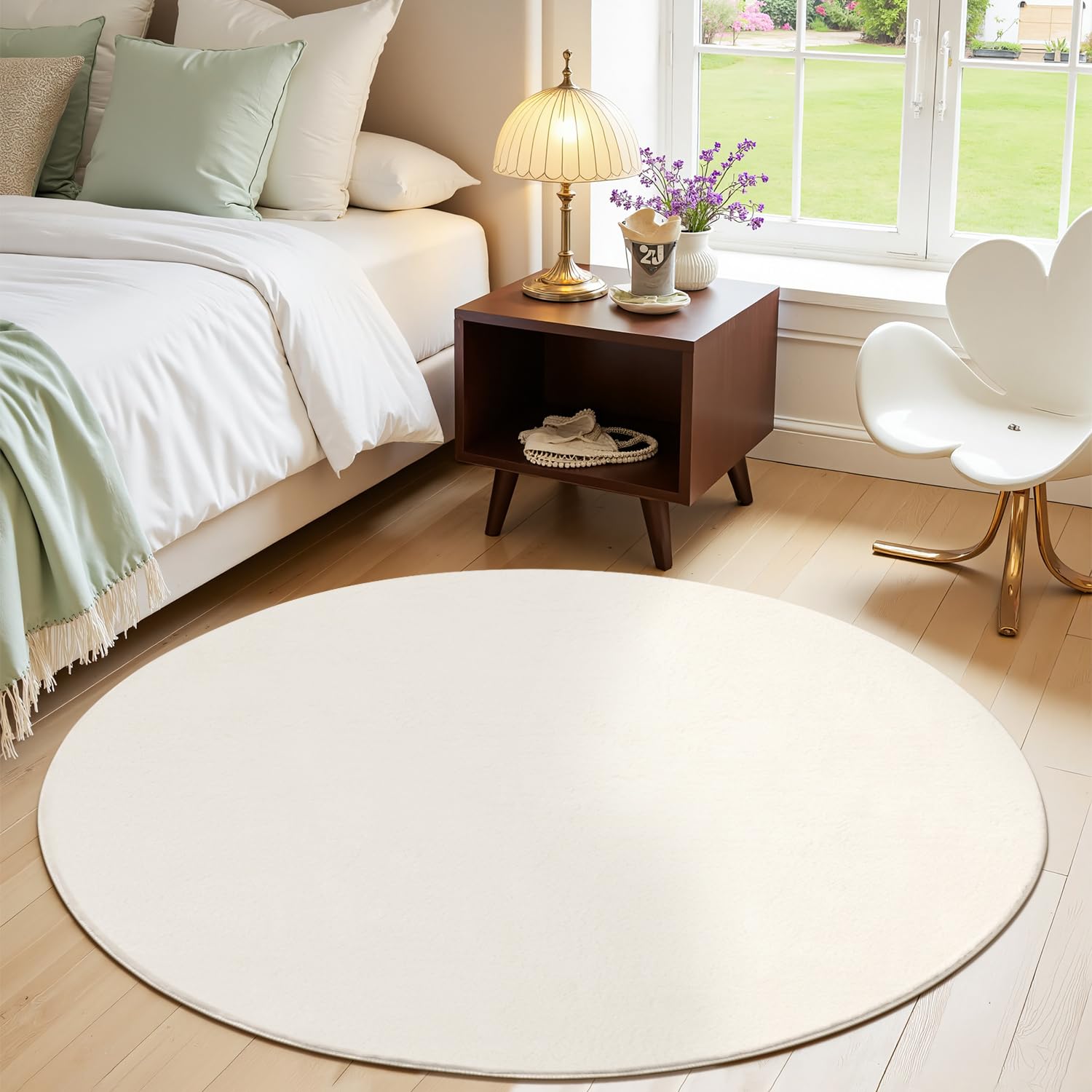 SHACOS Creme Teppich Rund 200 cm Fellteppich Kunstfell Teppich Flauschig Weicher Wohnzimmerteppich Waschbar Teppiche Anti-Rutsch-Rückseite, Felloptik, Für Fußbodenheizung geeignet