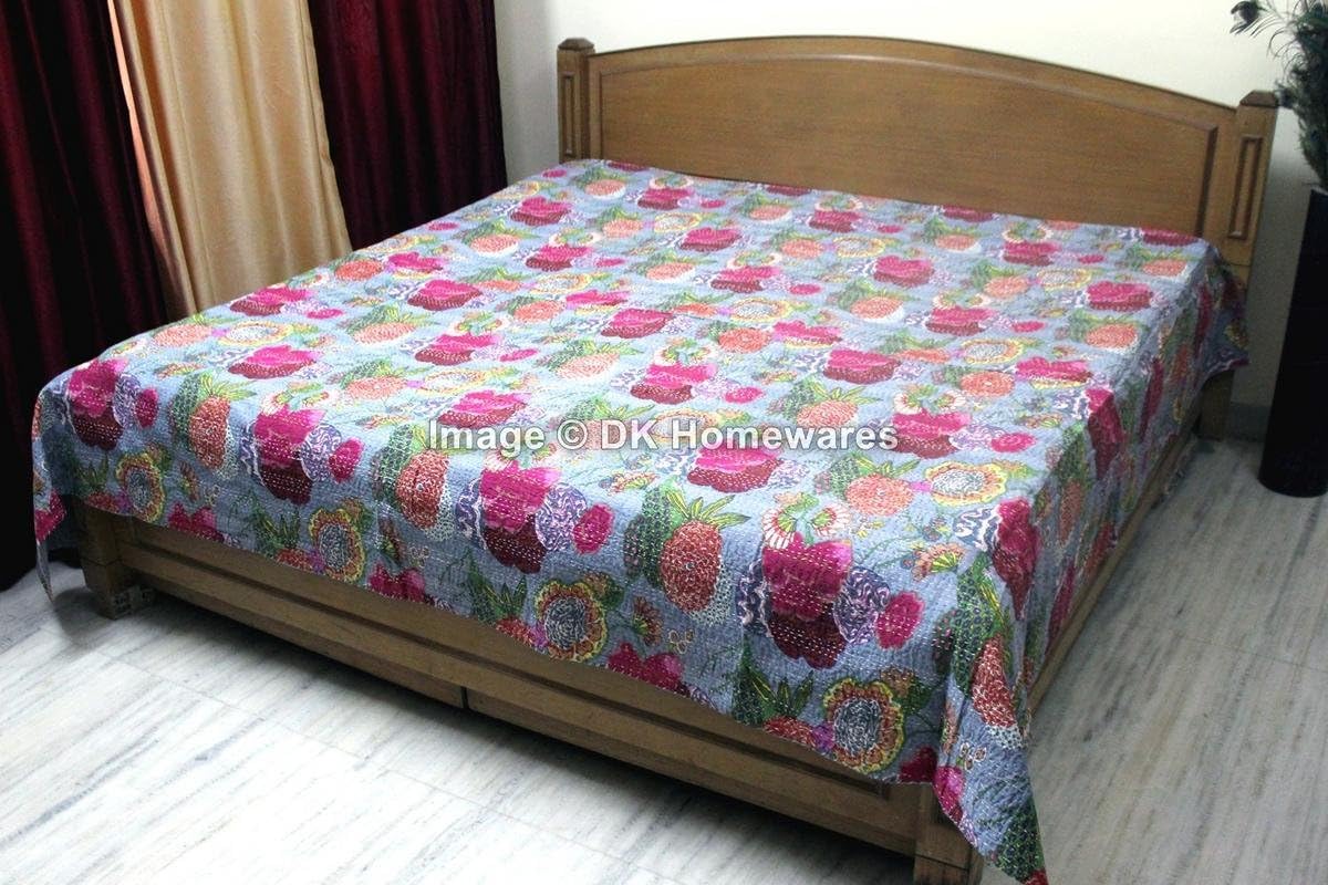 Indian Bohemian Grey Queen Size Kanta Quilt Cristmas Gift Cotton Kantha Work Tropical Fruit Printed Hand Crafted (108 x 90) -Set of 1 Coverlet Bedspread
