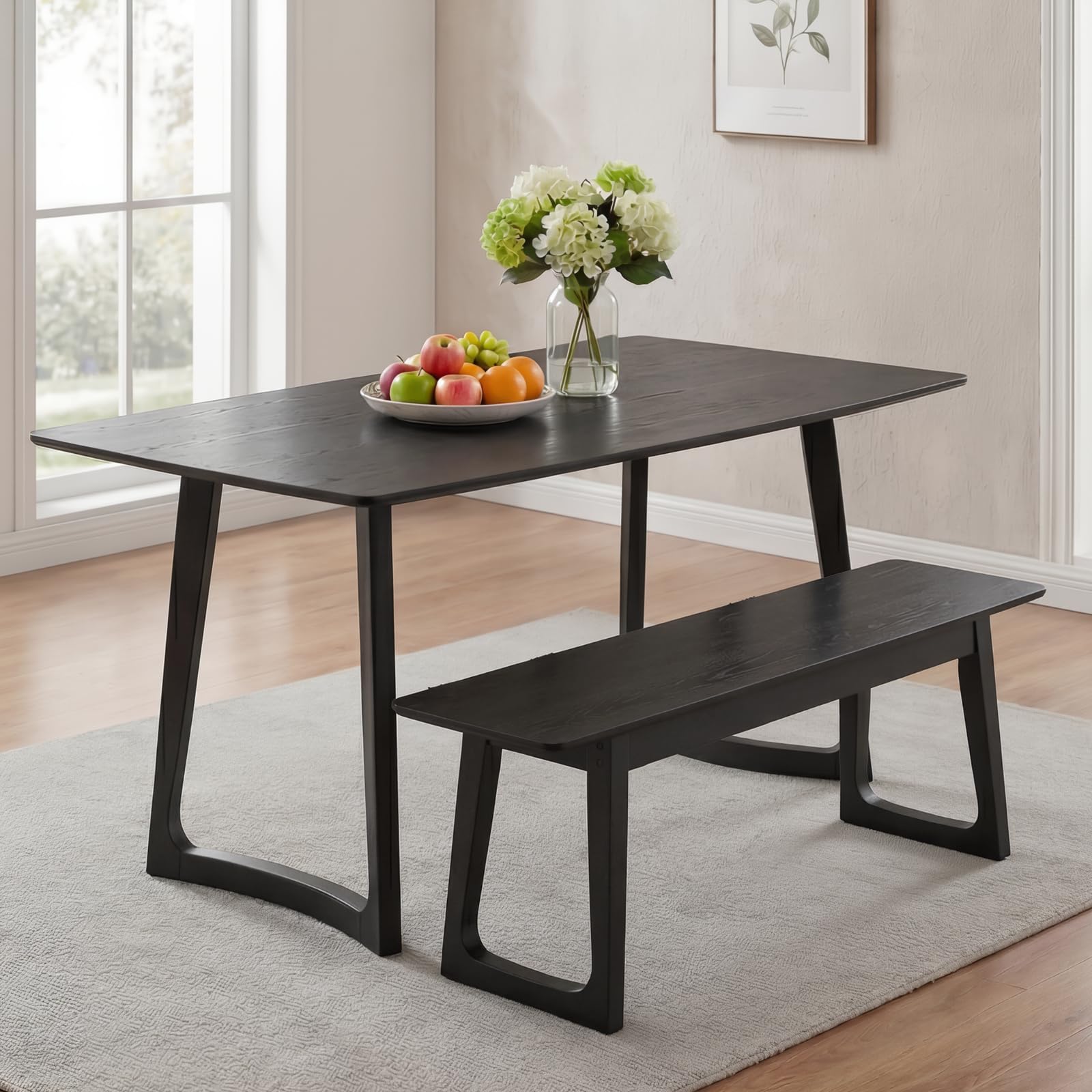HNY 63" Rectangular Wooden Dining Table with Bench, Farmhouse Dining Table Set for 4-6 People, Kitchen Table with Bench, Kitchen Table Set for Living Room/Restaurant, Black