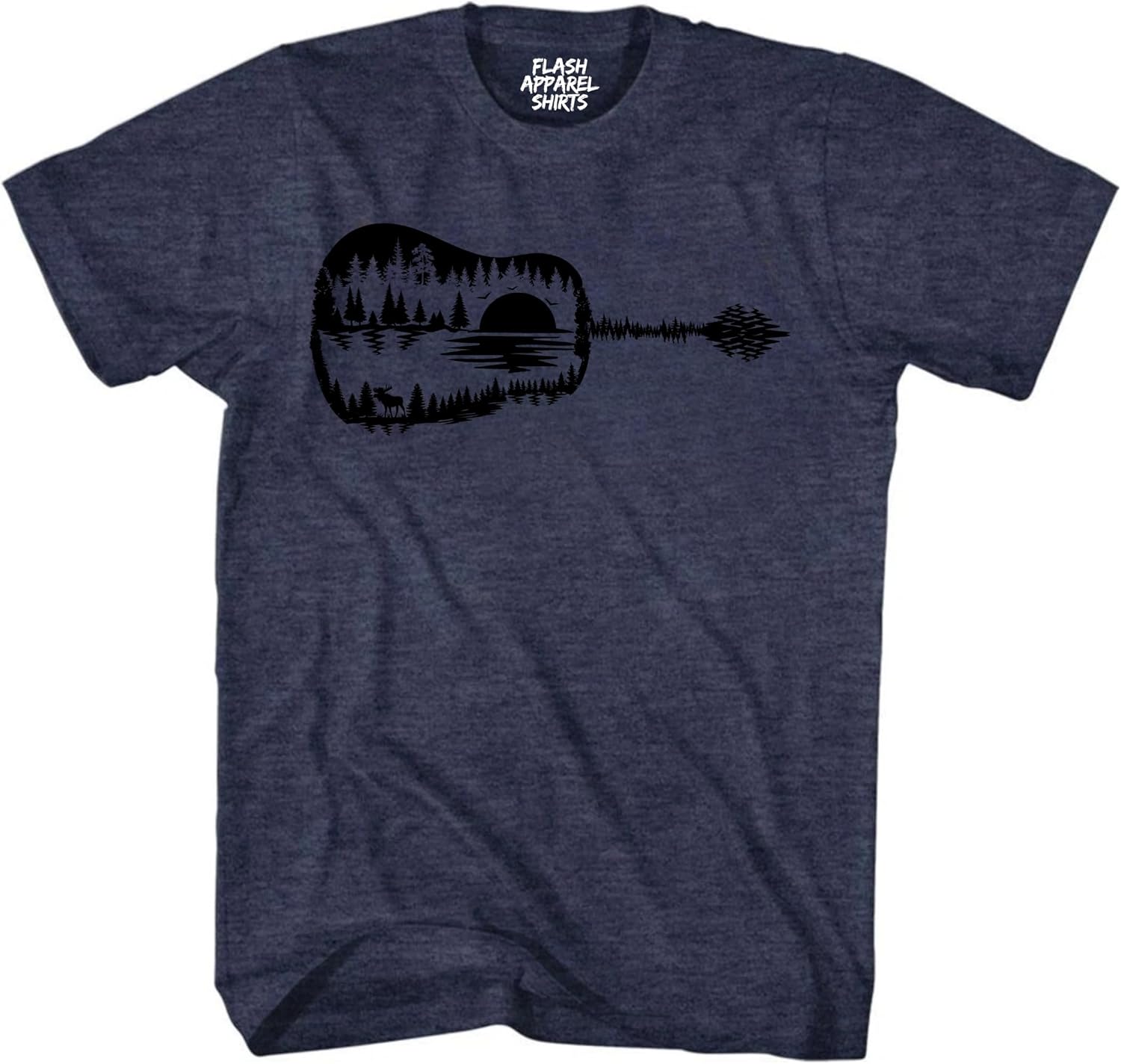 Guitar Lake Shadow Shirt Love Guitar Musician Reflection Water Moon Wilderness T-Shirt Unisex Novelty Tee Black