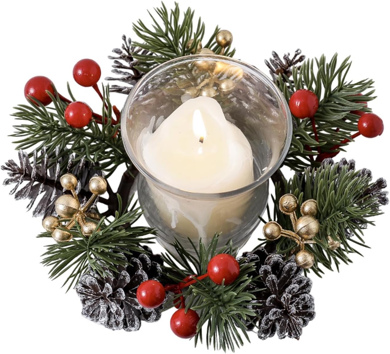 2 Pieces Christmas Candle Rings Wreaths,Artificial Flower Gold Red Berries Pinecones Snowy Pine Garland Winter Candle Holders, Christmas Wedding Home Table Centerpieces Decorations