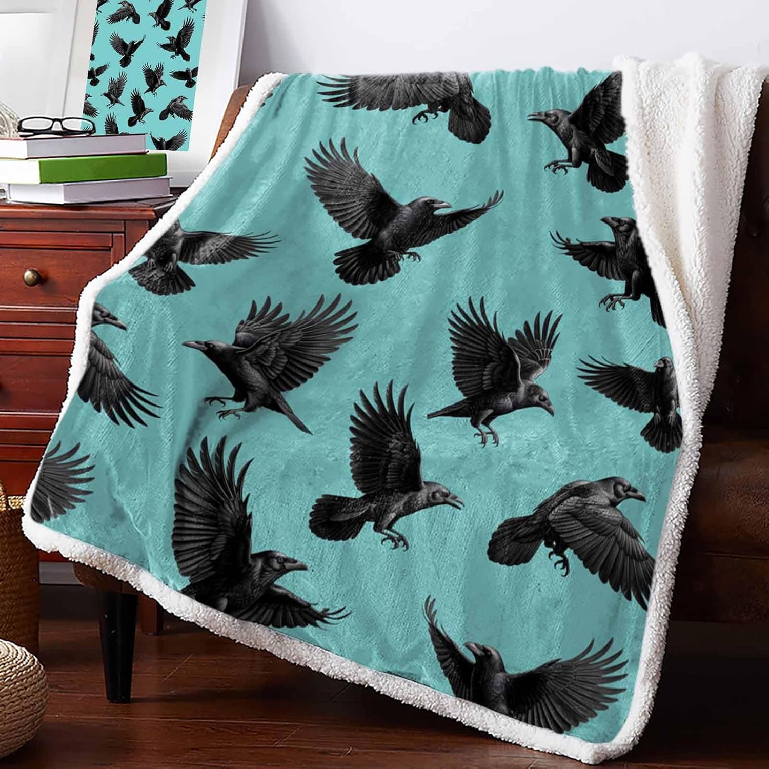 Savannan Sherpa Blanket Fleece Throw, Halloween Crow Raven Teal Green Soft Plush Fluffy Warm Lightweight Flannel Blanket for Bed Couch All Season Use, 50"x80"