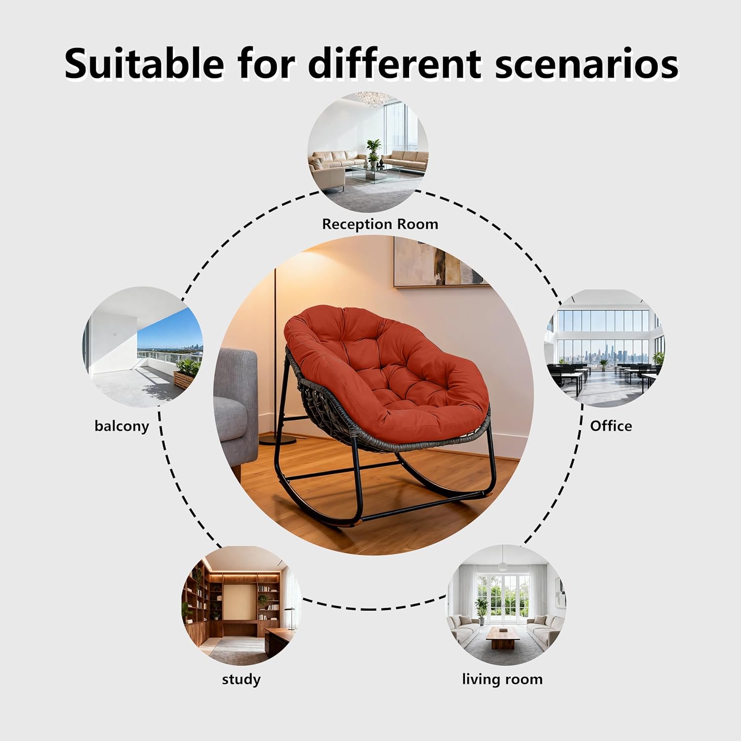 Outdoor Patio Papasan Rocking Chair, Oversized Rocking Chair with Cushion, Rattan Wicker Egg Chairs Indoor & Outdoor Ergonomic High Back Design for Garden, Porch, Patio