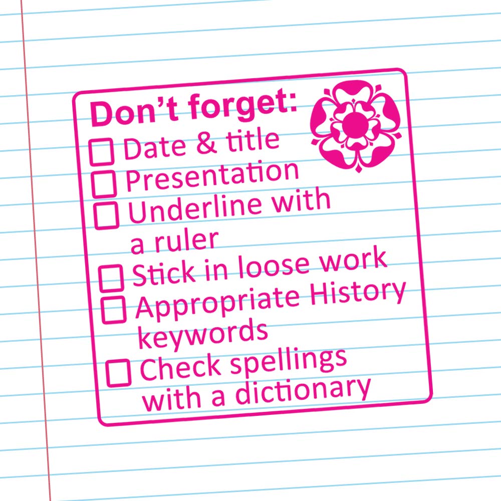 Xstamper Pink History Marking Teacher Stamp. Large Size (5X5cm). Checklist Mark Presentation, Spelling, History Keywords, Underline & More. Choice Of Ink Colour (Pink)