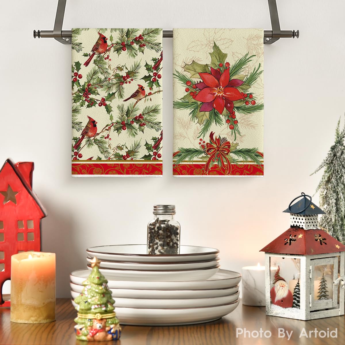 Lot De 4 Torchons De Cuisine Motifs Automne - Pois, Citrouille, Feuilles - 42x65 Cm - 100% Polyester Doux - 11