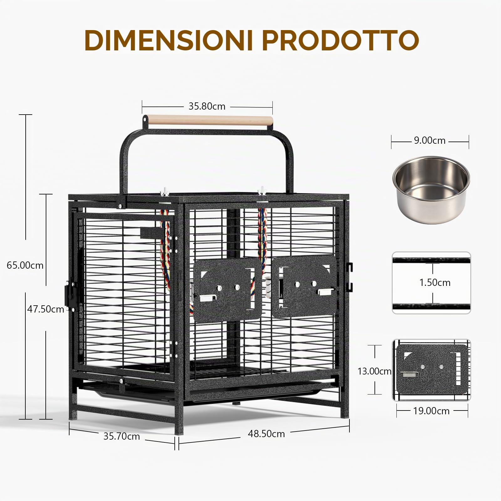 LEADZM Gabbia per uccelli per pappagalli, portatile, con manico in legno, robusta gabbia in ferro con vasca rimovibile, 65 x 48 x 37 cm