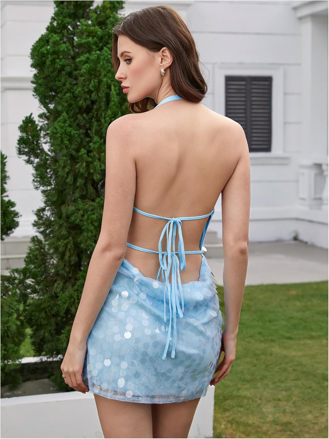 SOLY HUX Women's Sequin Sparkly Halter Mini Dress Cowl Neck Draped Backless Sleeveless A Line Party Summer Dresses - Image 2