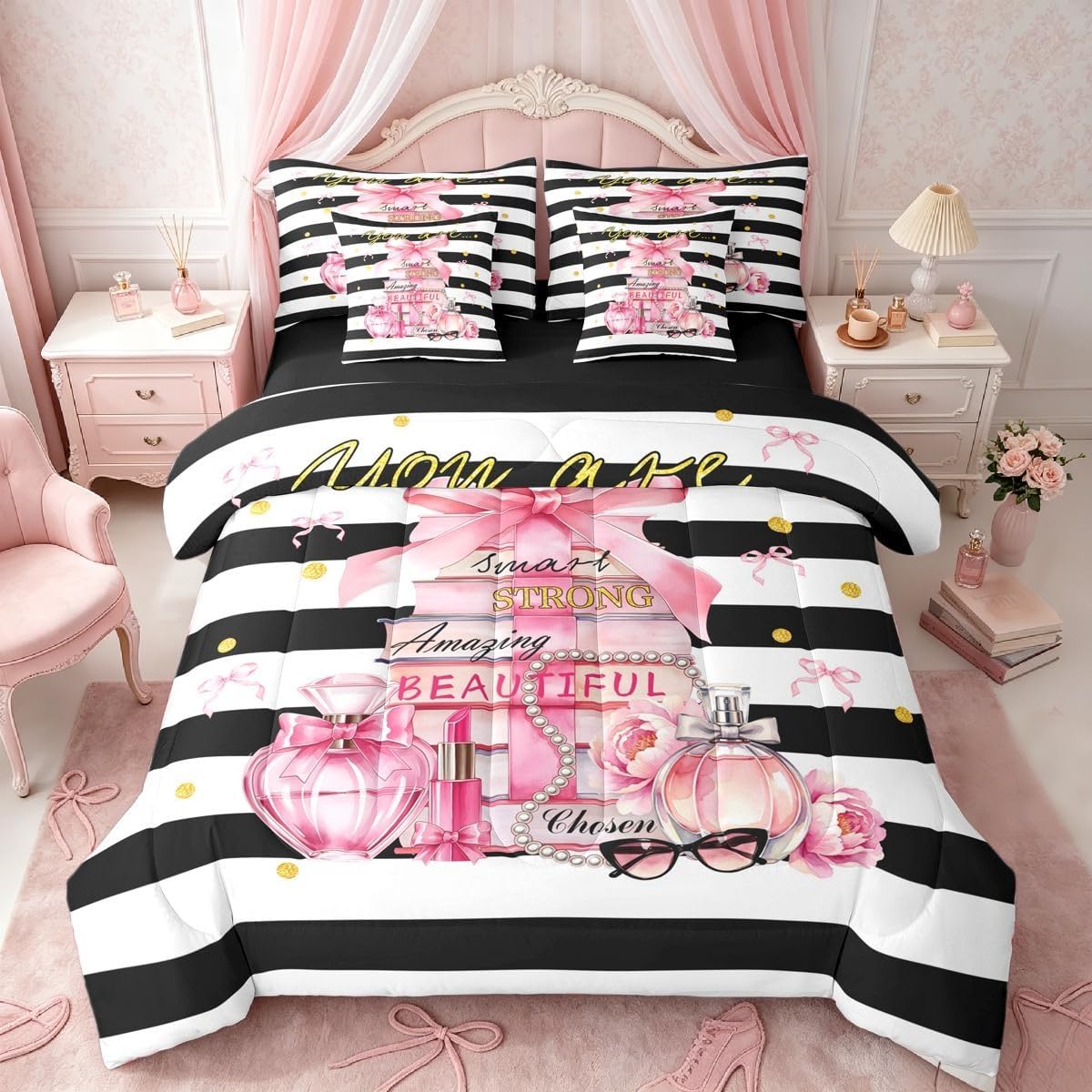 Feelyou Fashion Pink White Comforter Set 7Pcs Soft Perfume Queen for Women