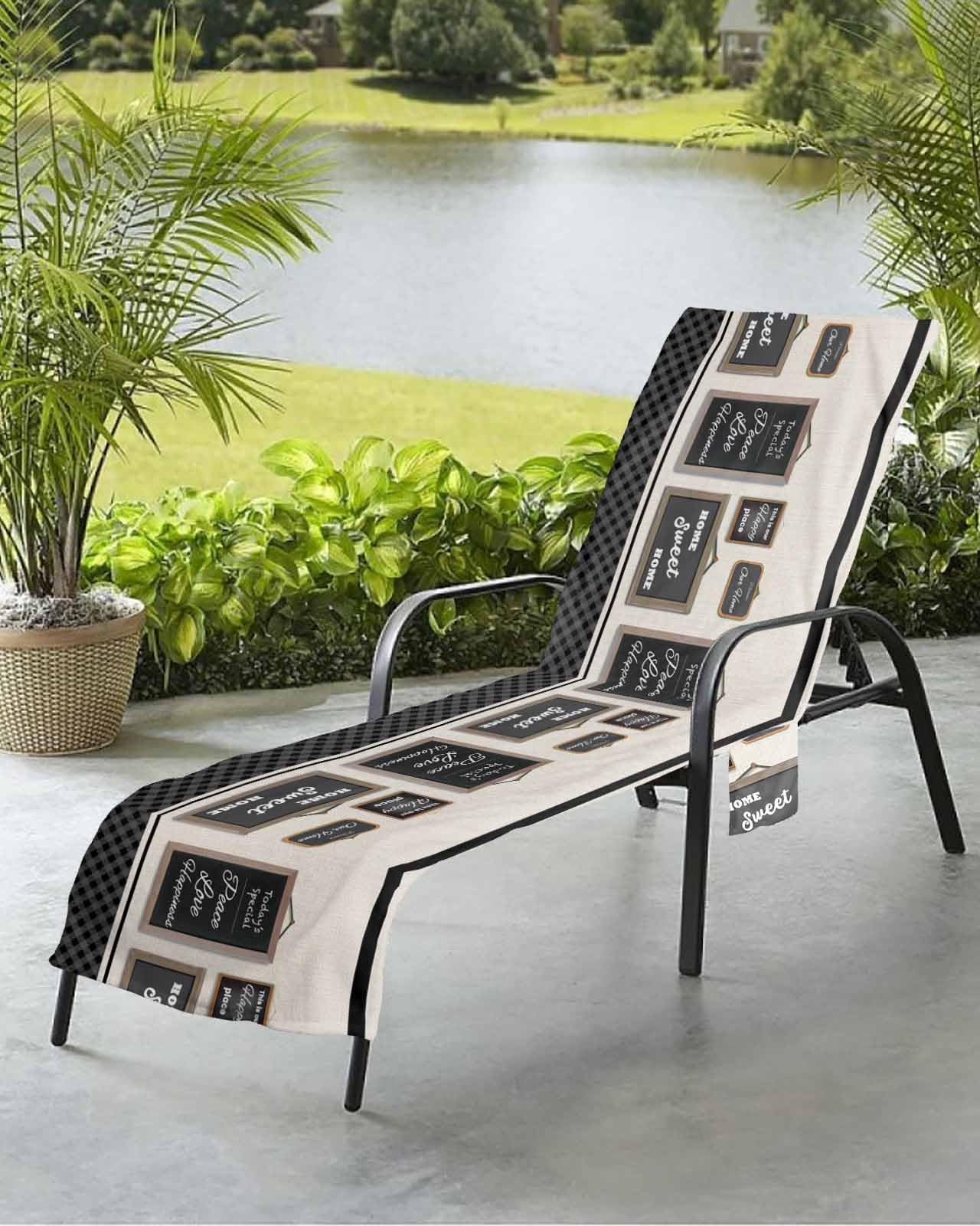 Black Beach Chair Towel Covers for Chaise Lounge With Side Pocket, Soft Plush Pool Towels Cover for Patio Sunbathing Outdoor 29''x85'' Family Motivational Words Beige Lattice