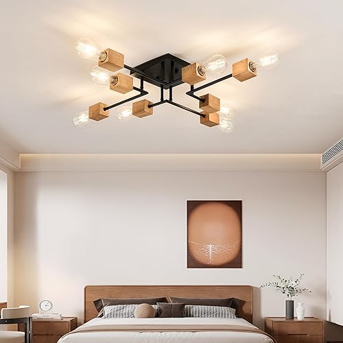 Miniatura 8 de Lámpara Sputnik moderna de 8 luces, color negro y madera, estilo retro, mate, lámpara de techo bohemia para cocina, comedor, sala de estar,