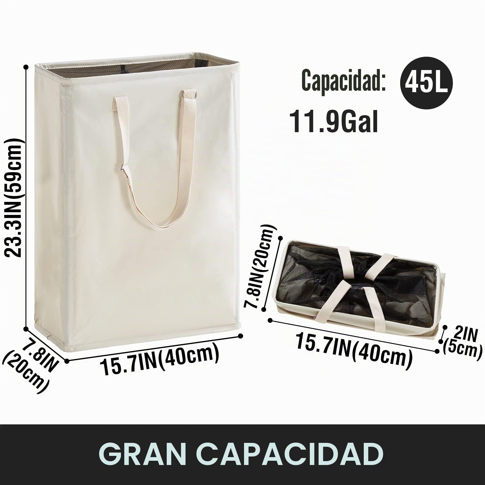 Cesta delgada para ropa sucia con asas largas ajustables, 45 L, pequeñas cestas de lavandería con parte superior de malla, cesta estrecha para ropa sucia para dormitorio, armario y baño, color beige