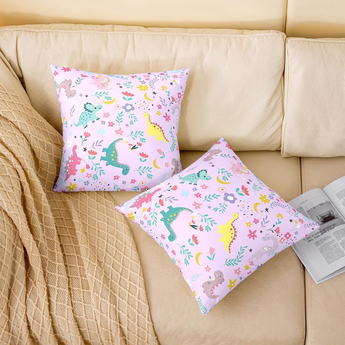 Cartoon Dinosaur Double Sides Print Pillow Cover,Cute Animals Purple Single Pack Throw Pillow Case Cover for Sofa Couch Chair,Colorful Flowers Leaves Cushion Cover Room Decor,18"x18" image 4