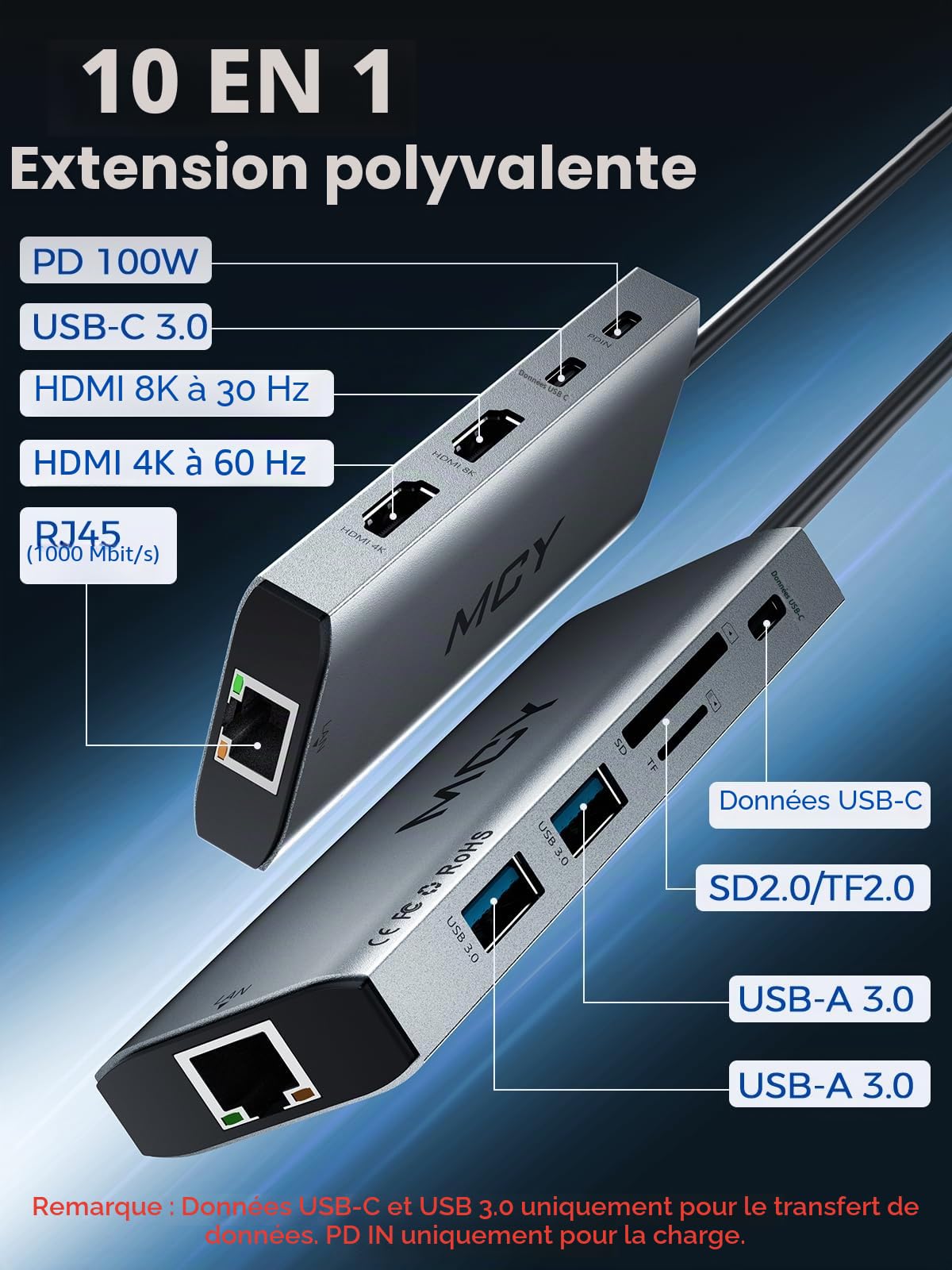 MCY Station d'accueil 2 moniteurs avec 2 HDMI, hub USB C 10 en 1 avec Double 4K @ 60 Hz, 8K Unique @ 30 Hz, Gigabit Ethernet, 100 W PD, 4 Ports de données USB 5 Gbit/s, SD/TF, Station d'accueil USB-C