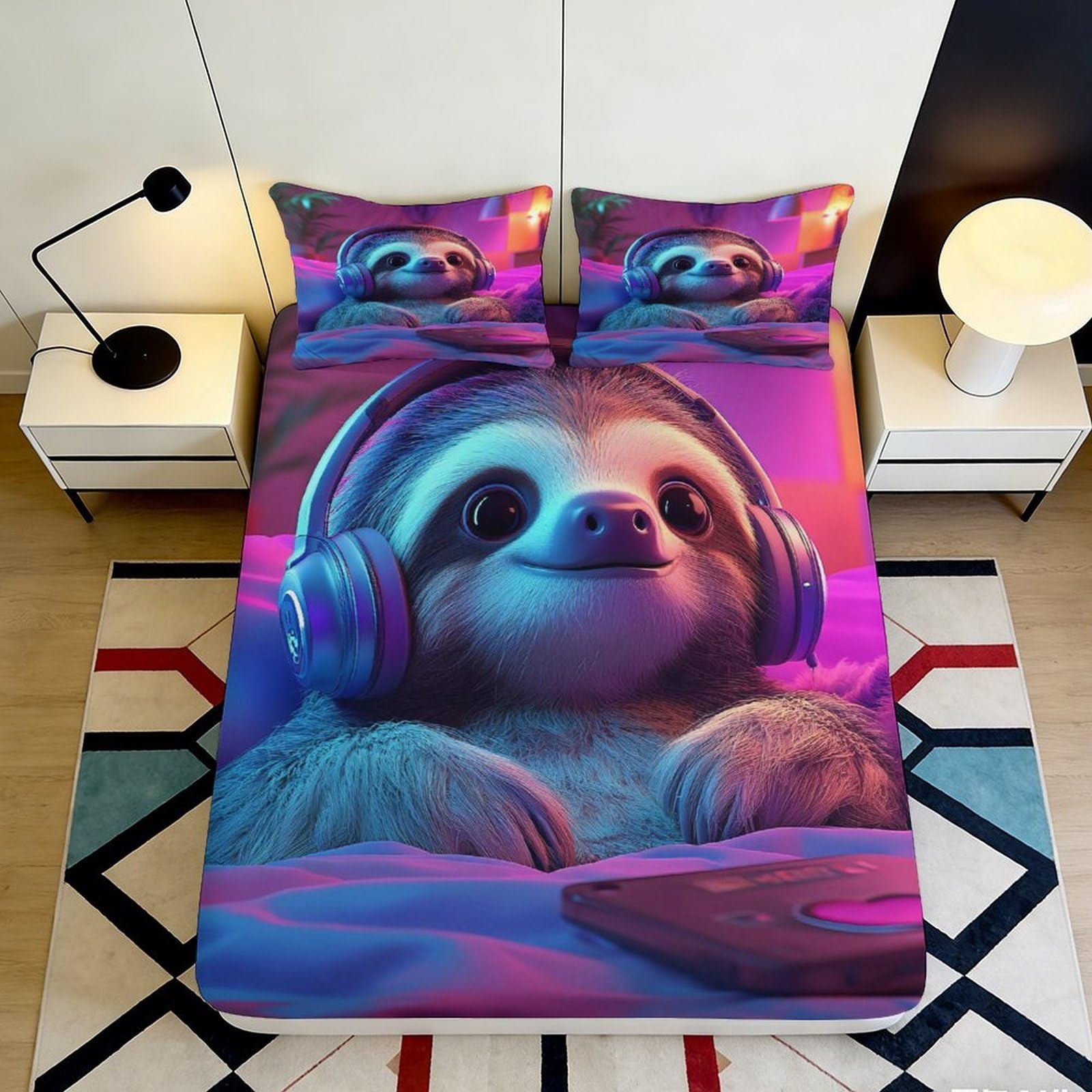 3D Printed Neon Sloth Fitted Sheet Microfiber Soft Breathable Headphone Sloth Mattress Cover for Bedroom Dormitory Guest Room Mattress Protection 140x200x25cm