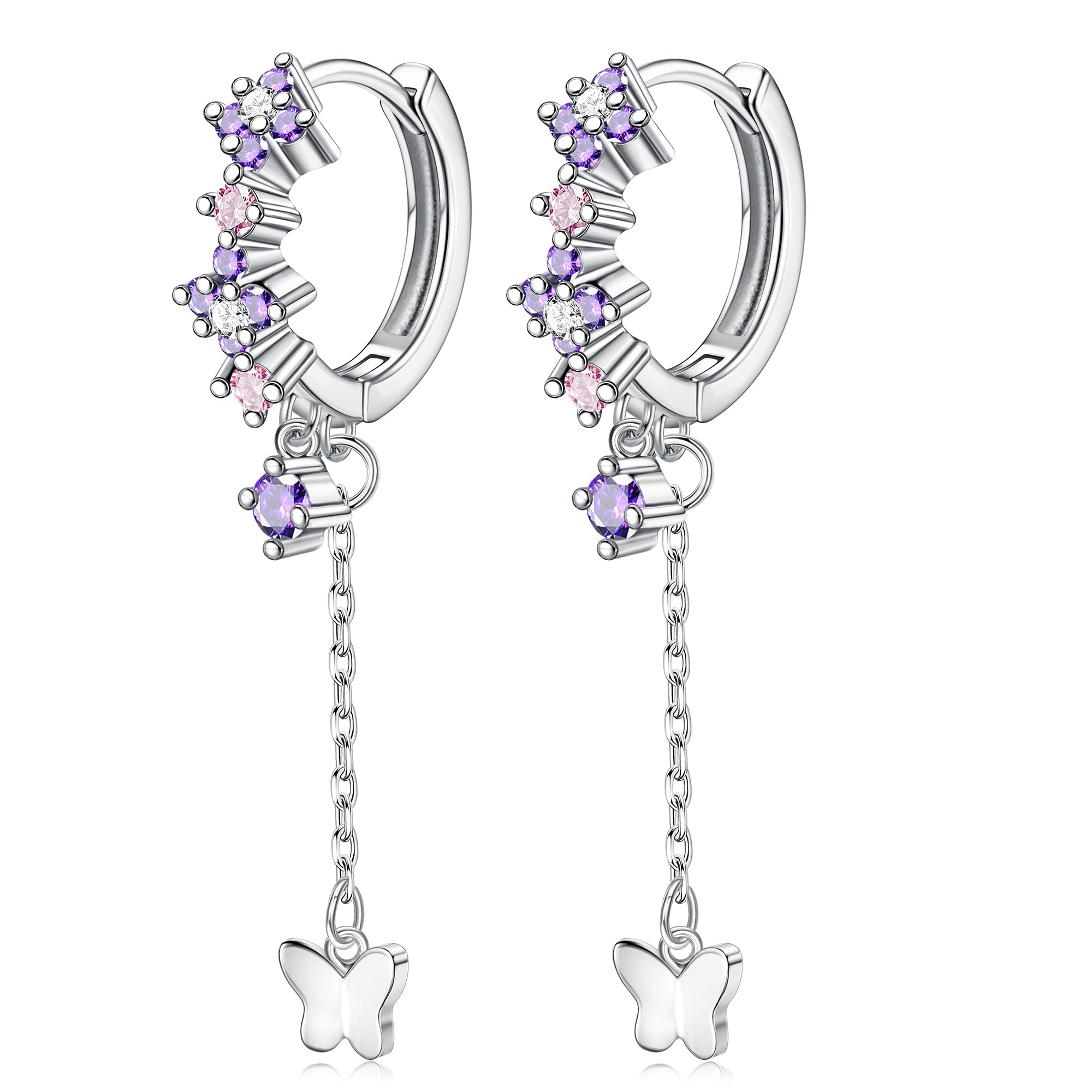 ORAZIO Pendientes de Aro Colgantes de Plata 925 para Mujeres Niñas, Huggie Pendientes de Cubic Zirconia Brillante, Hipoalergénico Pendientes de Cadena con Colgante de Mariposa de Luz