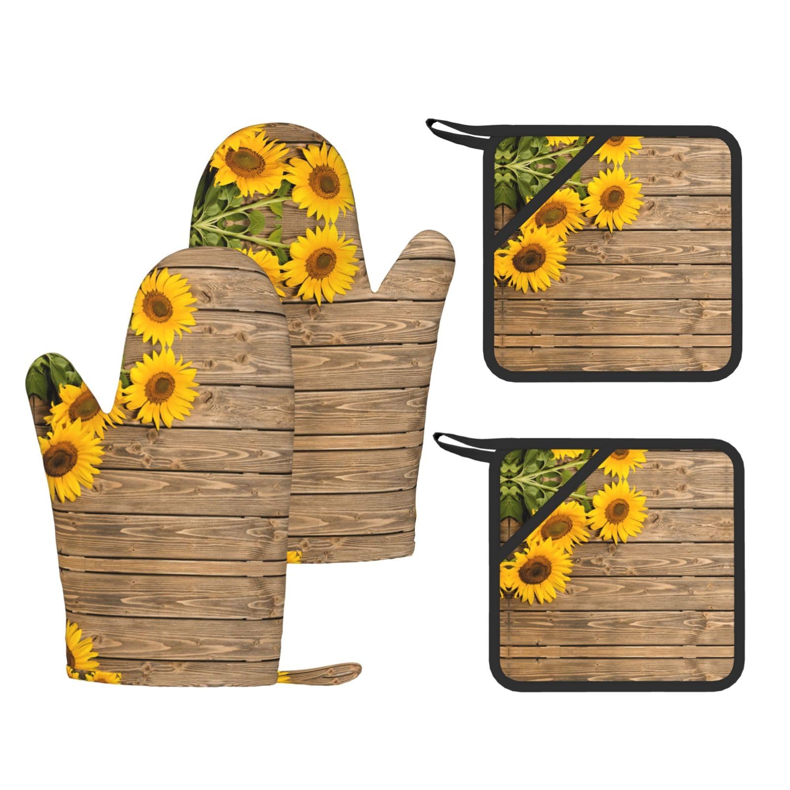 Three Sunflowers on Wooden Printed Pot Holders and Oven Mitts 4-Piece, Non-Slip Kitchen Gloves with Utensil Pocket for BBQ