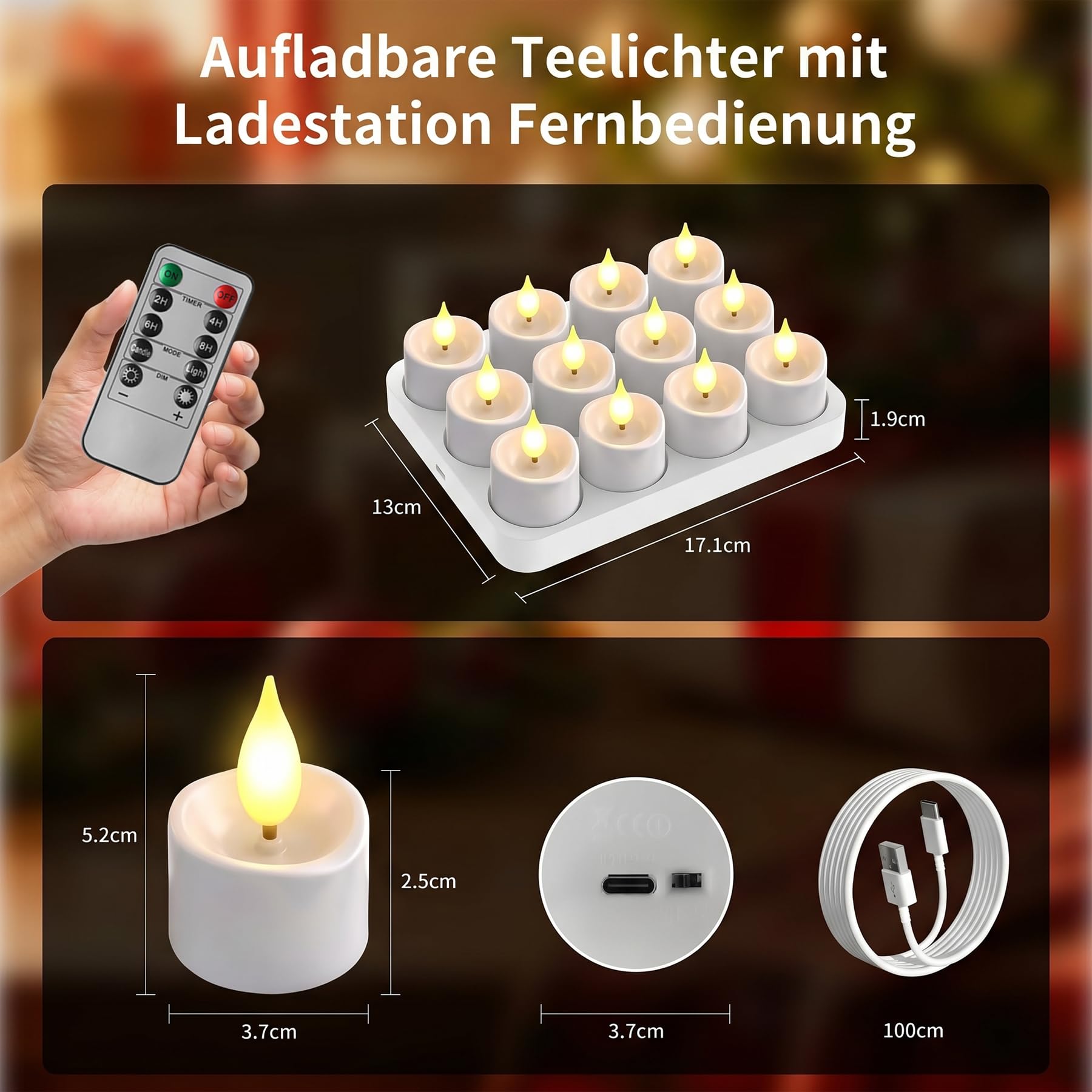 sylvwin 12 Stück Wiederaufladbare LED Kerzen, LED Teelichter mit Fernbedienung Timer, Warmweiß Dimmbar Elektrische Kerzen mit Ladestation für Hochzeiten Party Zimmer Wohnzimmer Weihnachten Deko