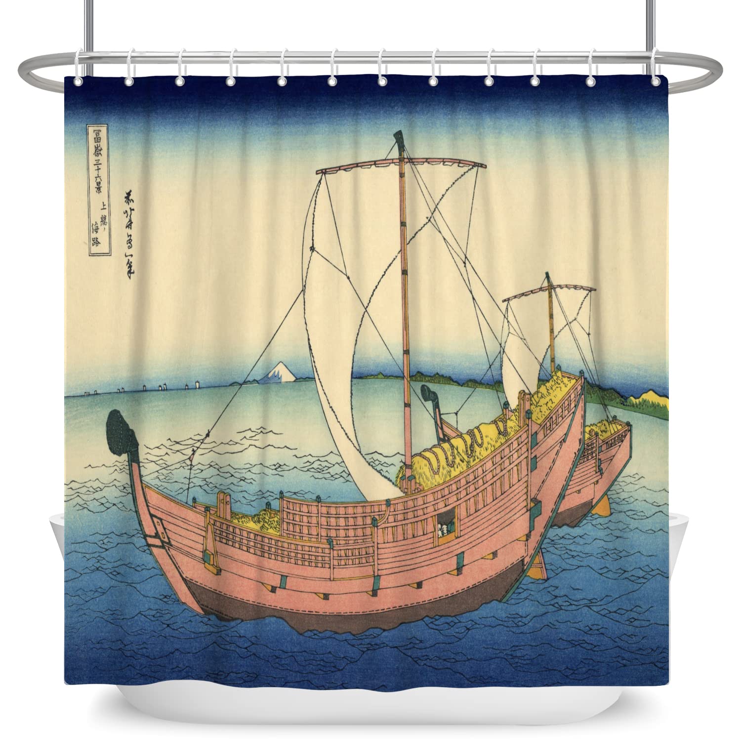 SDOTPMT 65x72inch Ukiyo-e Theme Shower Curtain Japanese Kanagawa Ocean Scenery Wooden Boat Nautical Bath Curtain Mount Fuji Orient Classic Ethnic Shower Curtain for Bathroom Polyester with Hooks