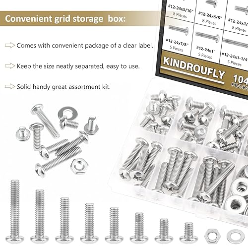 Miniatura 7 de Kindroufly 104 piezas #12-24x 516", 38", 12", 58", 34", 78", 1", 1-14", Kit surtido de tornillos Phillips con cabeza de cacerola, tuercas y