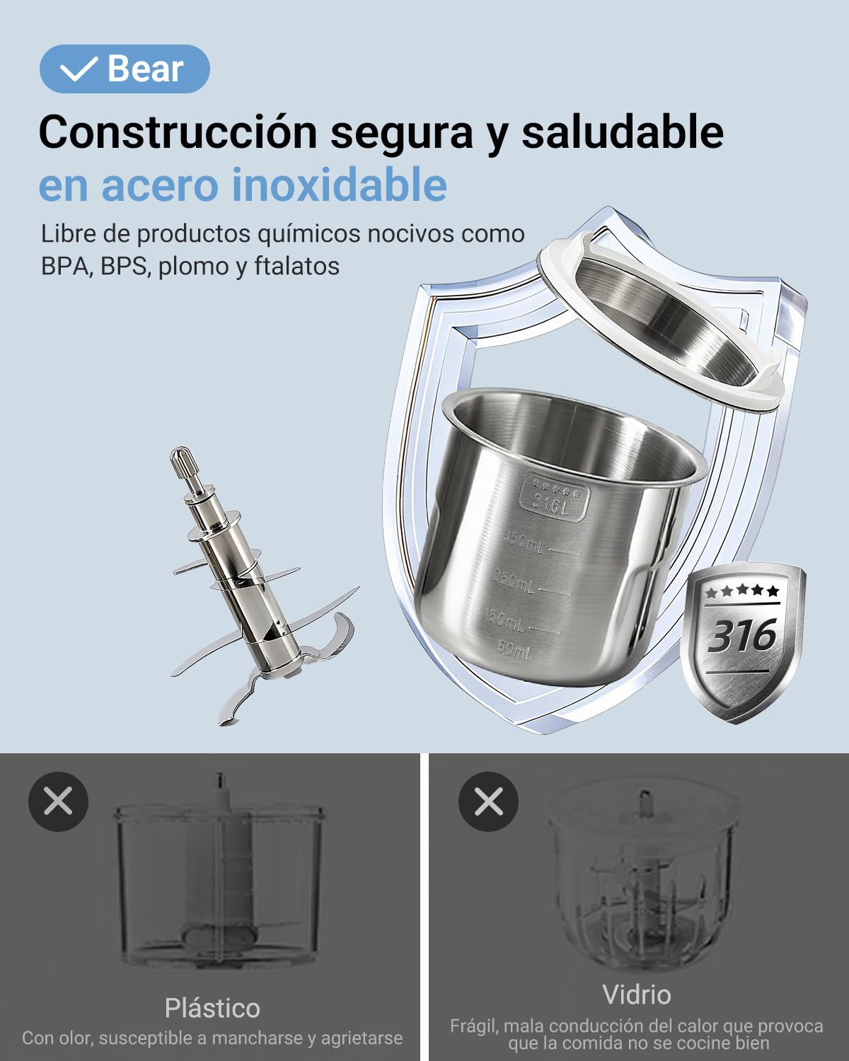 Bear Robot de Cocina para Bebé NutriEase AllStage Acero Inoxidable, Procesador de Alimentos para Bebé OneStep, Cocción y Molienda Automática para Comida Casera Saludable, Sin BPA