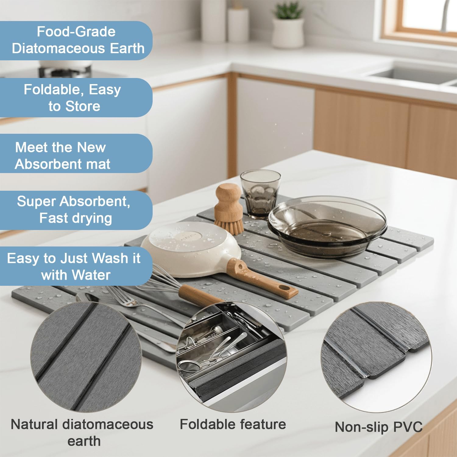 7 PCS Stone Drying Mat with 4 Round Cup Coasters,Sandpaper & Abrasive Pad,Foldable,Colapsible 24″x16″Water Absorbing Diatomaceous Earth Drying Mat,Quick Drying Stone, Stone Dish Drying Mat